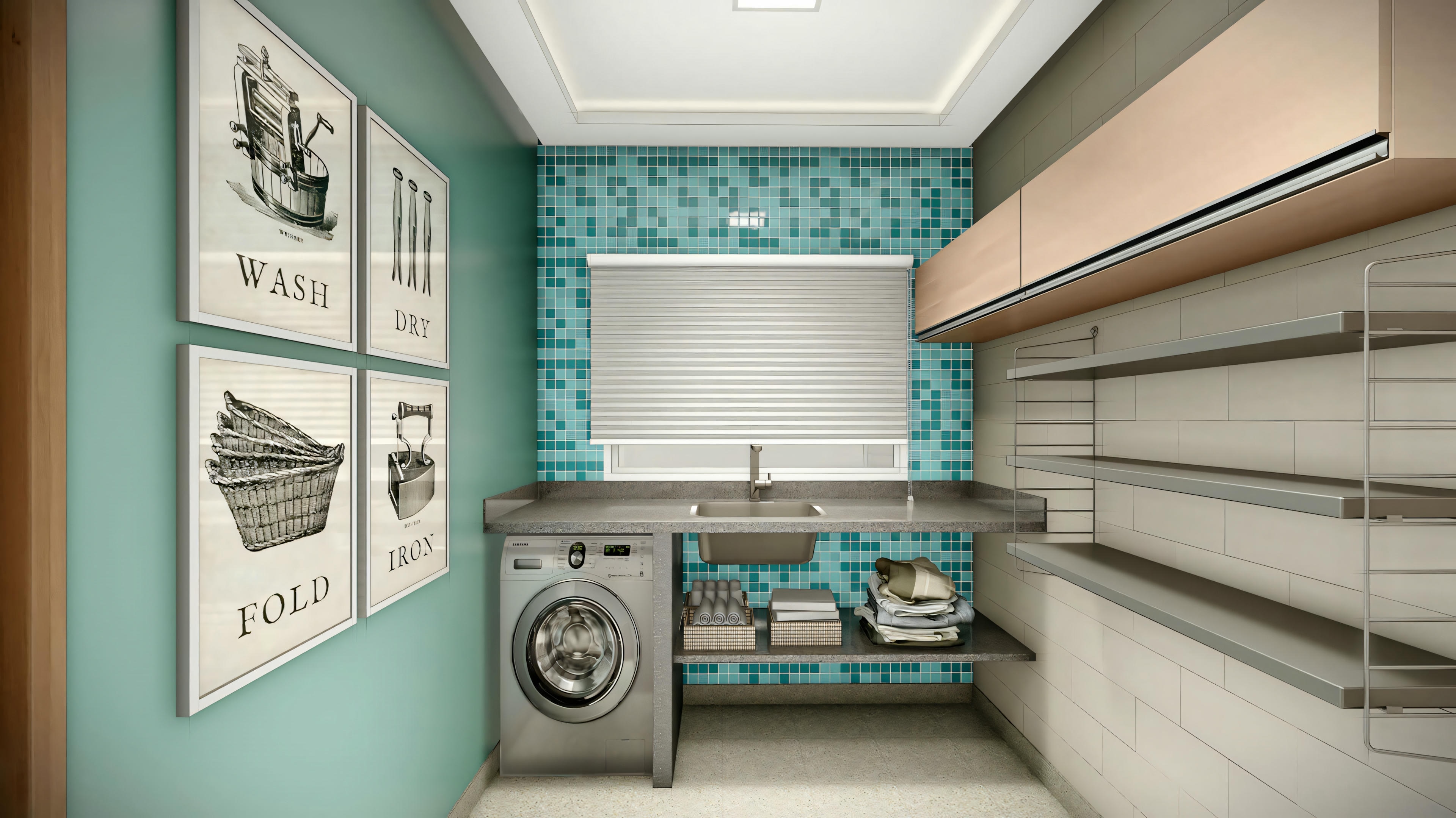 Un baño con armarios verde azulado y decoración retro.