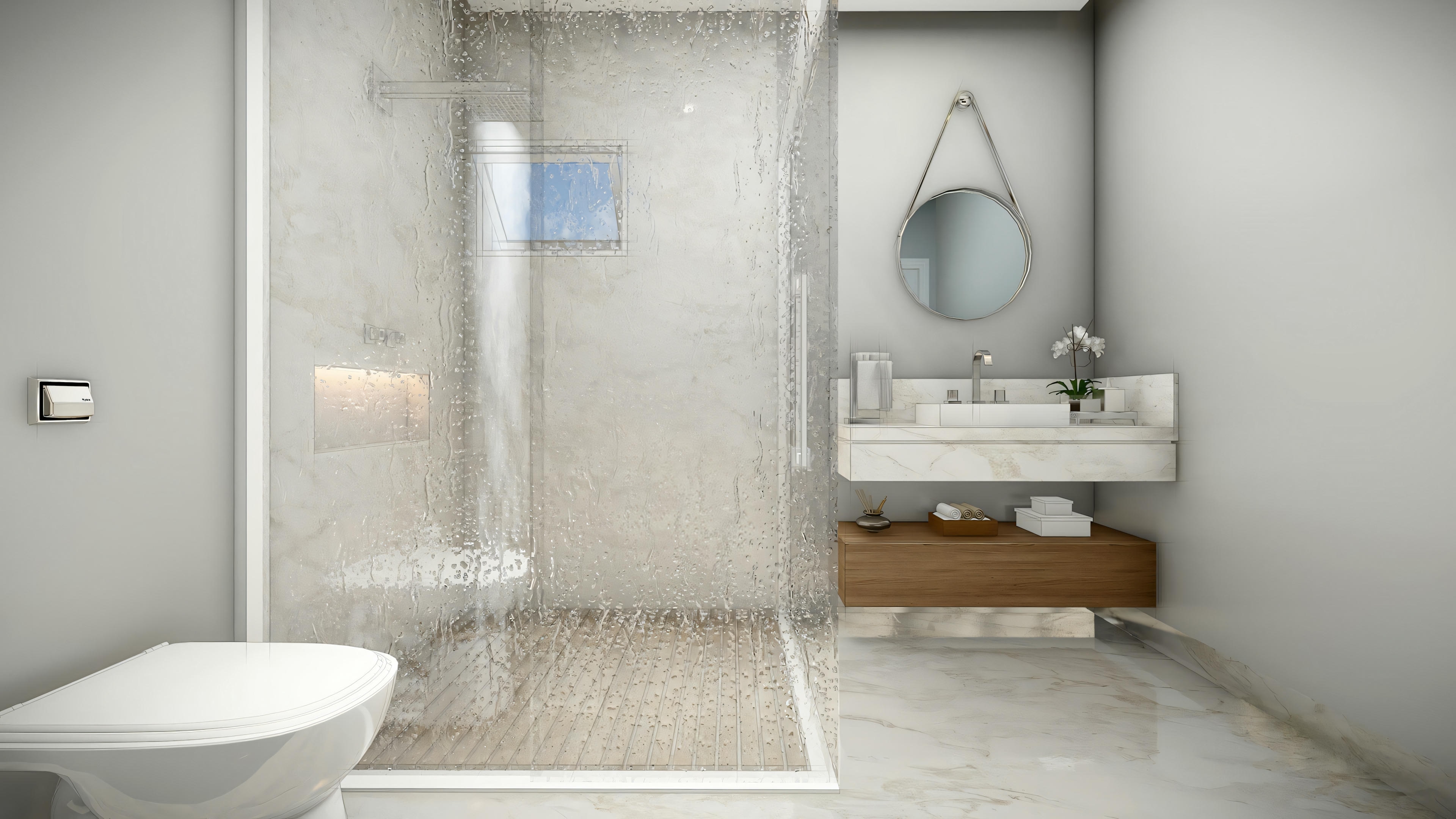 Baño moderno con inodoro, lavabo y área de ducha, caracterizado por luminarias blancas y luz natural.