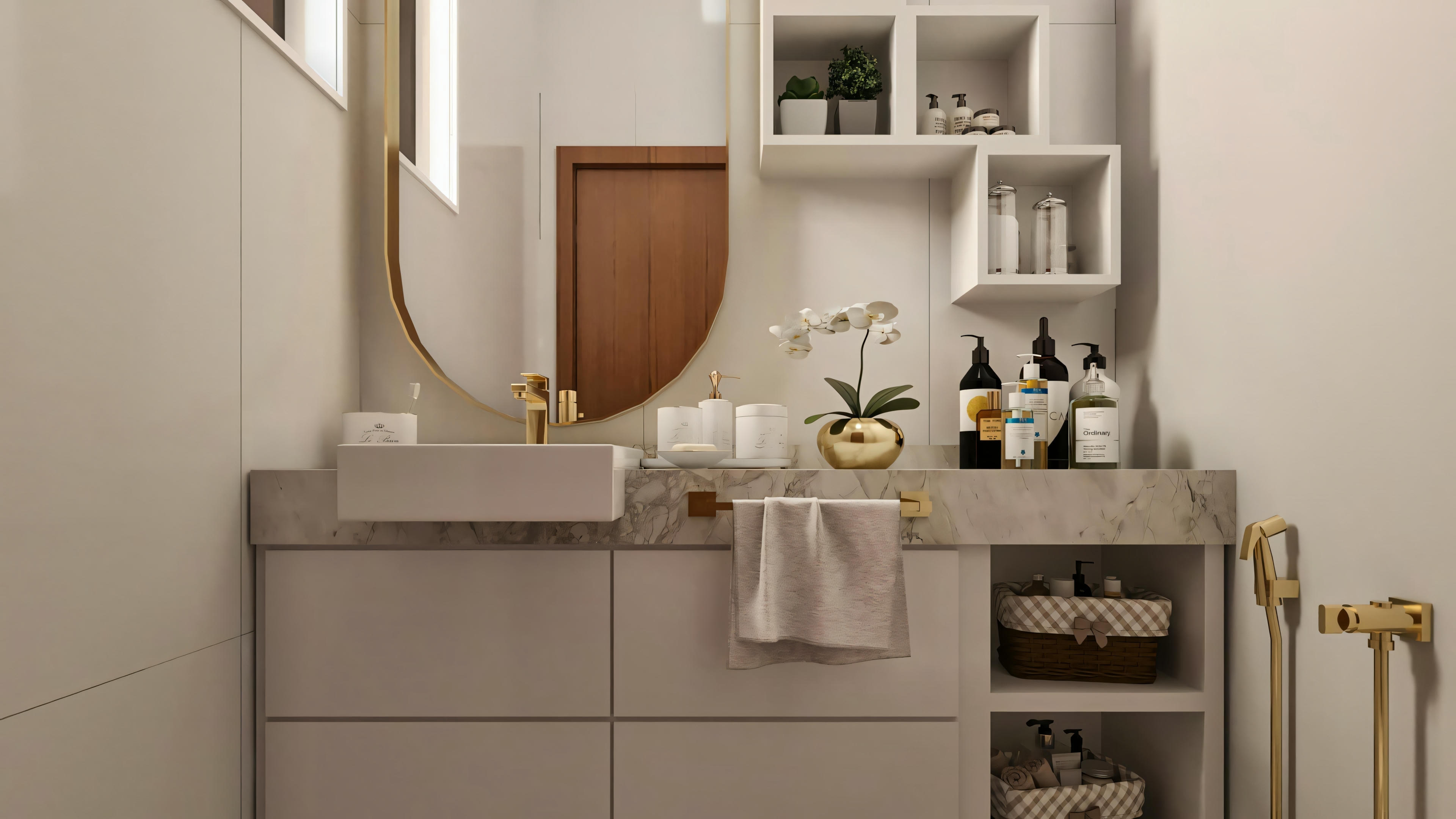 Baño de suite en proyecto de casa moderna, presentando mesada en mármol claro, lavamanos rectangular blanco, mueble inferior beige, nichos de pared y grifería con acabado dorado.
