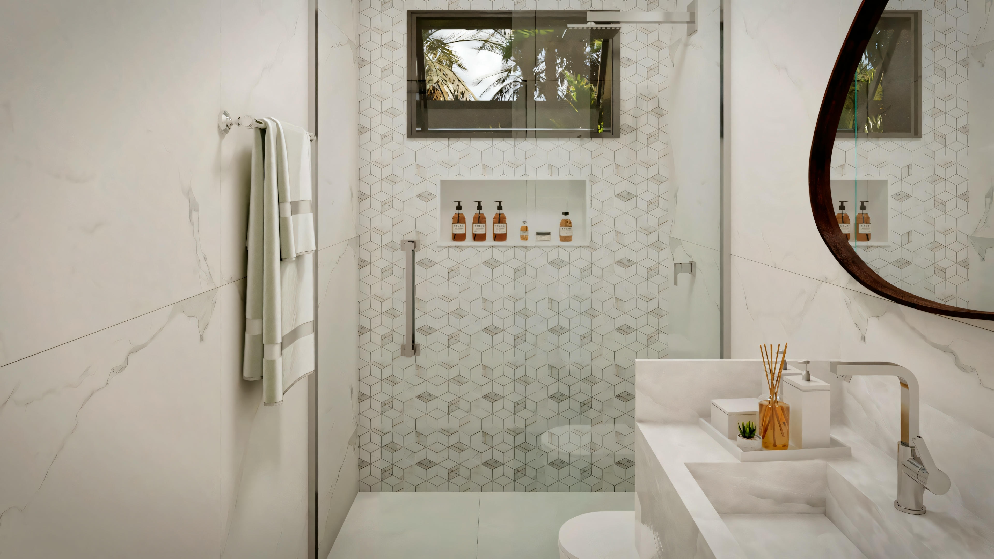 Baño de suite en proyecto de casa moderna, presentando encimera de mármol claro, lavabo rectangular blanco, mueble inferior beige, nichos de pared y grifería con acabado dorado.