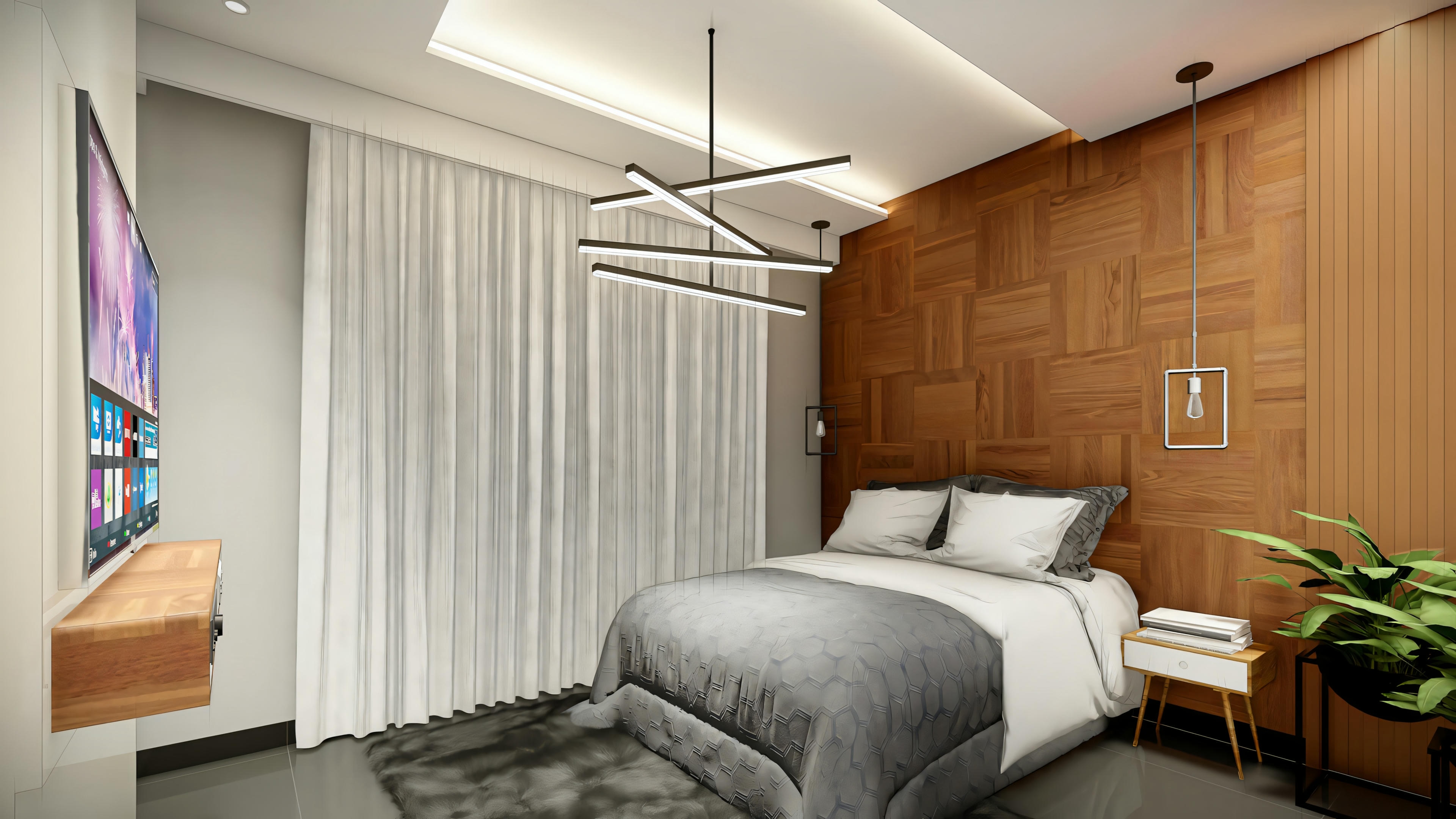 A bedroom with darker tones, gray bedding, and wood paneling on the wall.