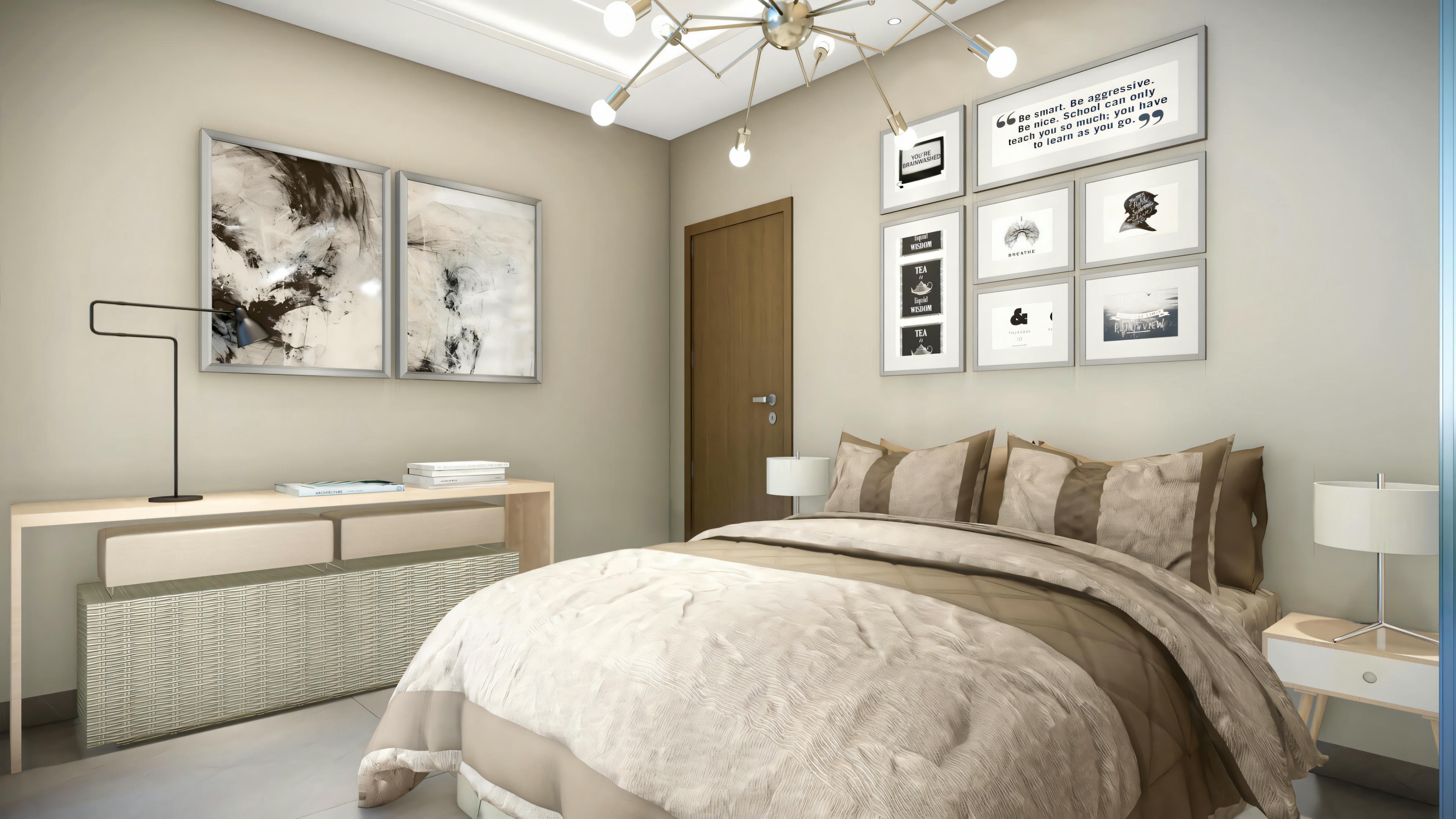 Bedroom with large bed in the center, nightstands, and multiple pillows. The walls are decorated with framed pictures.