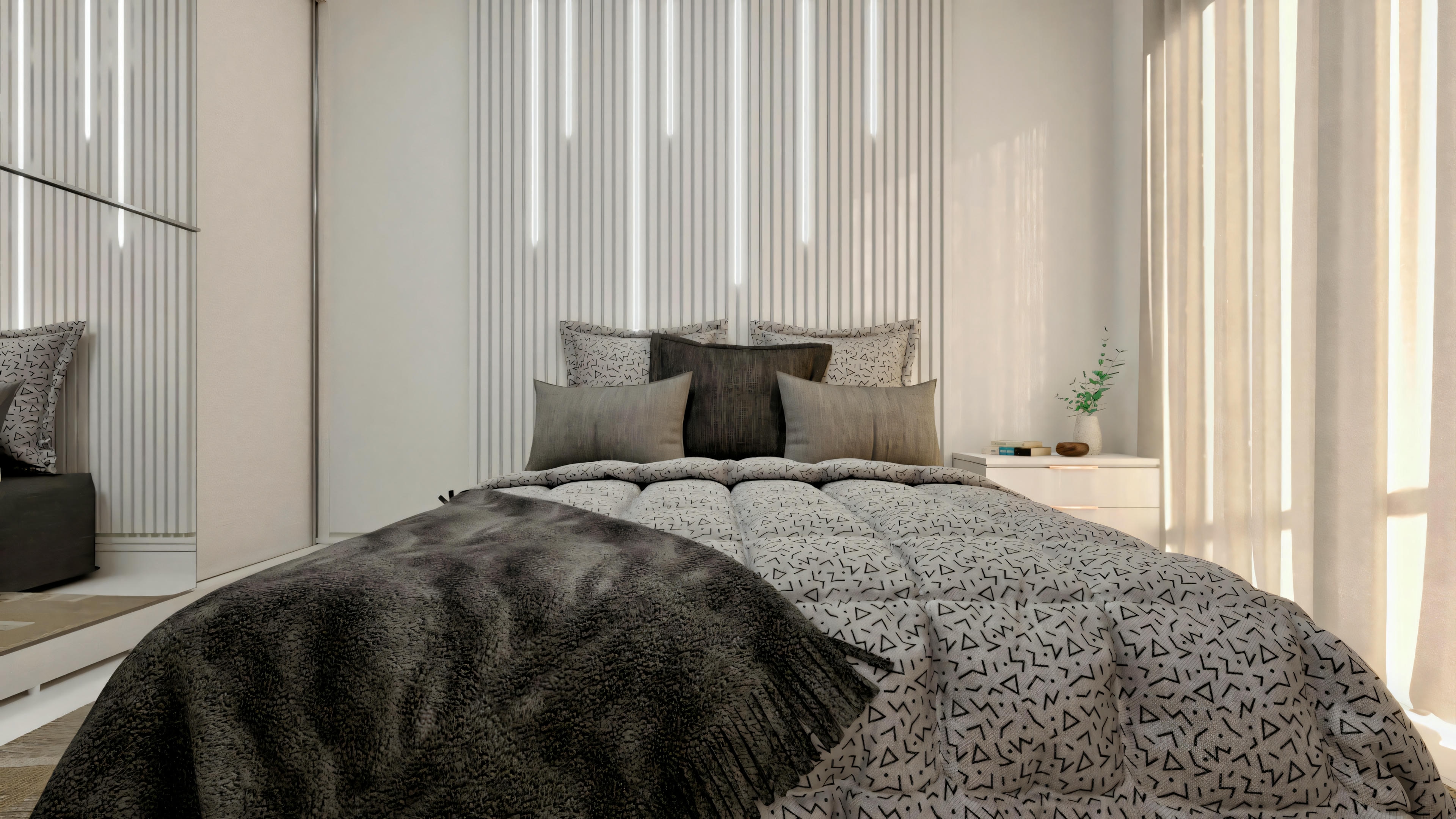 Bedroom with a neatly made bed, pendant lights, and a black dog lying at the foot of the bed.