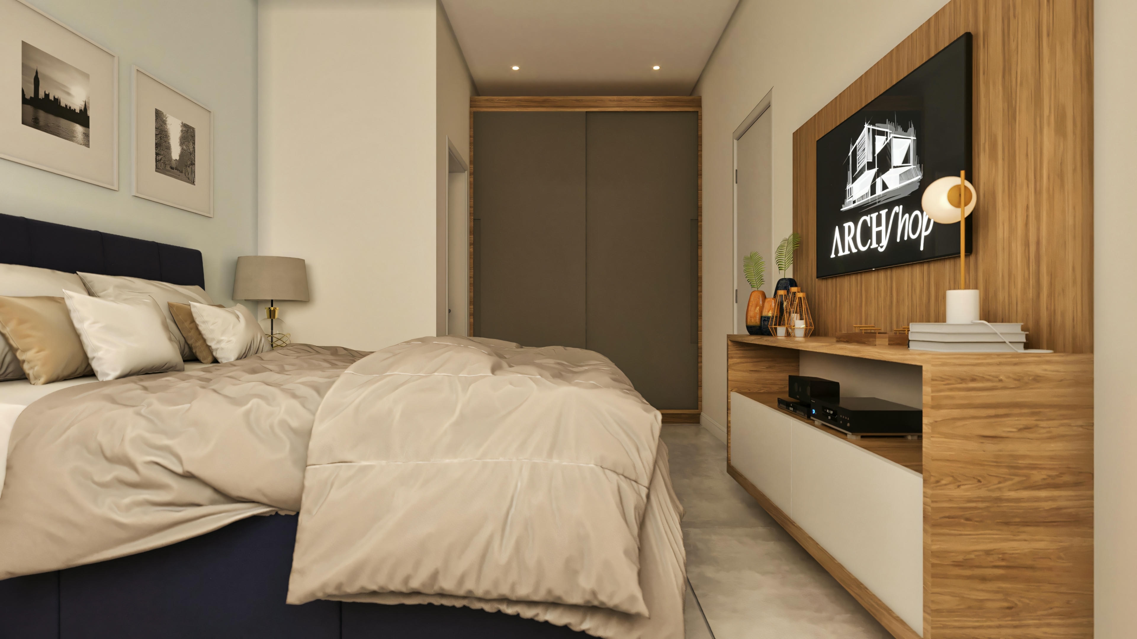 Interior de dormitorio (suite) en casa de alto estándar con 5 suites. Vista lateral de la cama, panel de TV en madera con rack, puerta a baño y armario planeado con puertas oscuras al fondo.