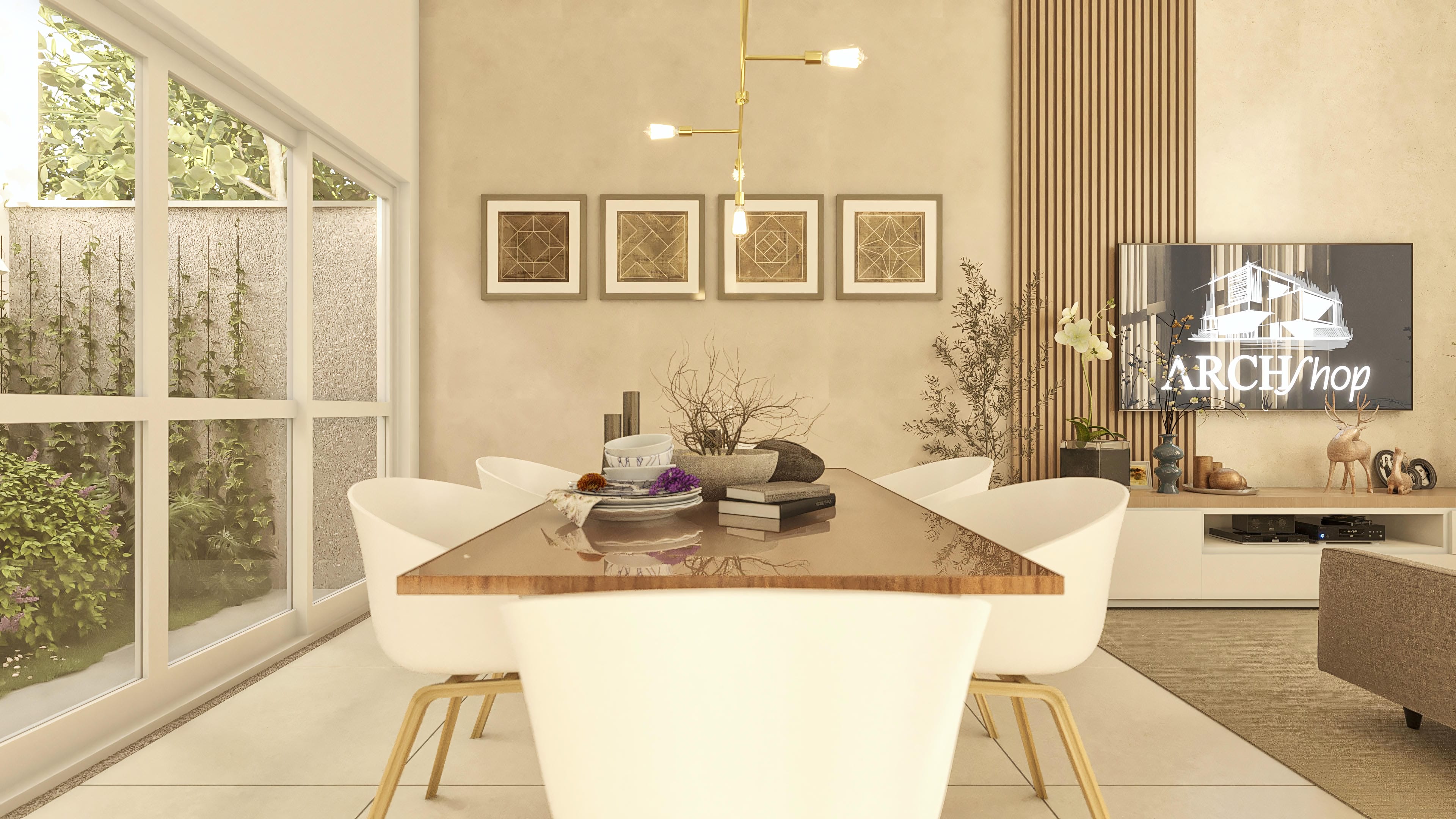Comedor integrado con área externa, vista a jardín exuberante a través de grandes ventanas, suelo de porcelanato claro y mobiliario moderno.