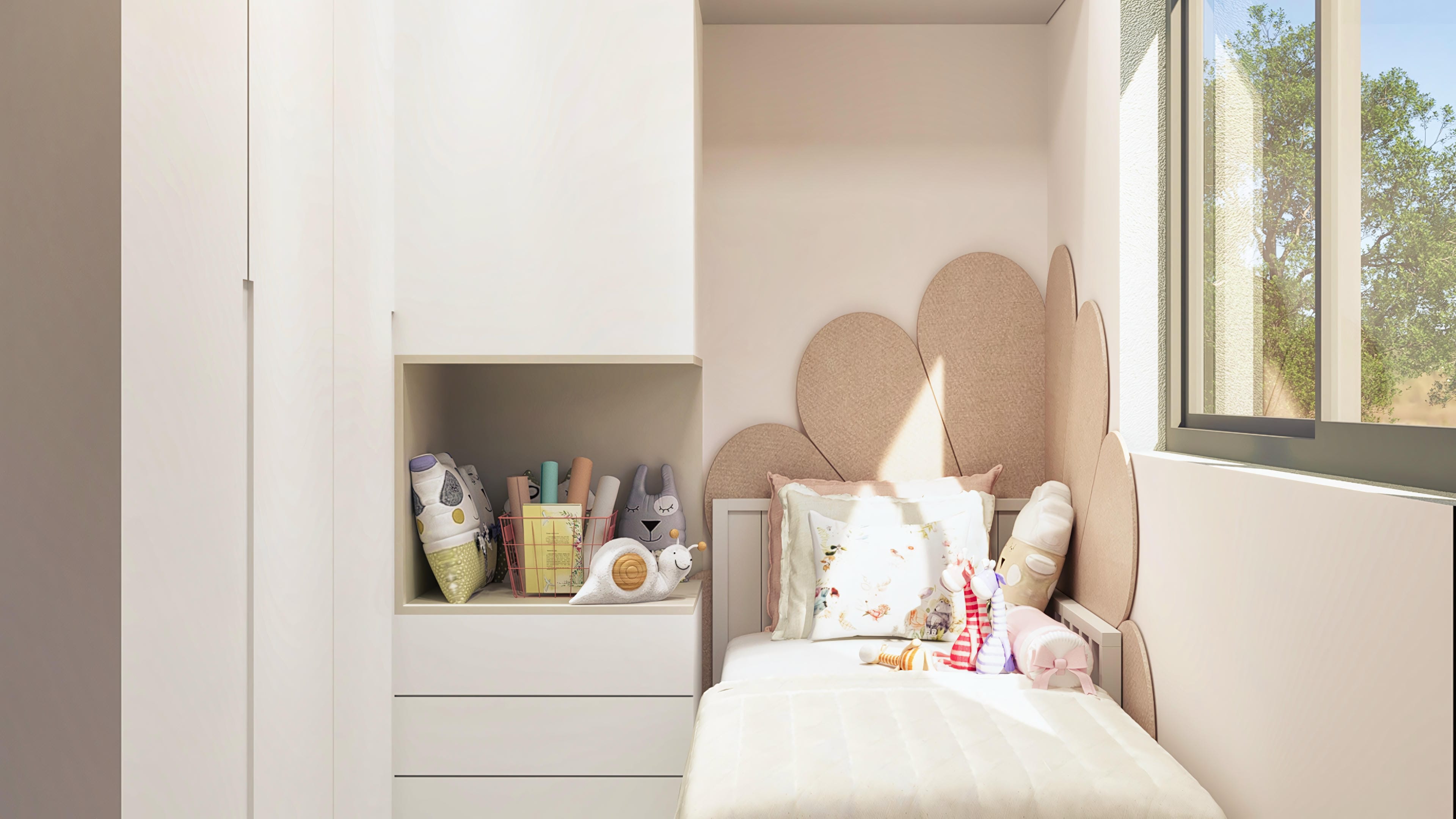 Detail of a children's room with a bed, an arch-shaped decorative headboard, and a niche with toys, in pastel tones and soft lighting.