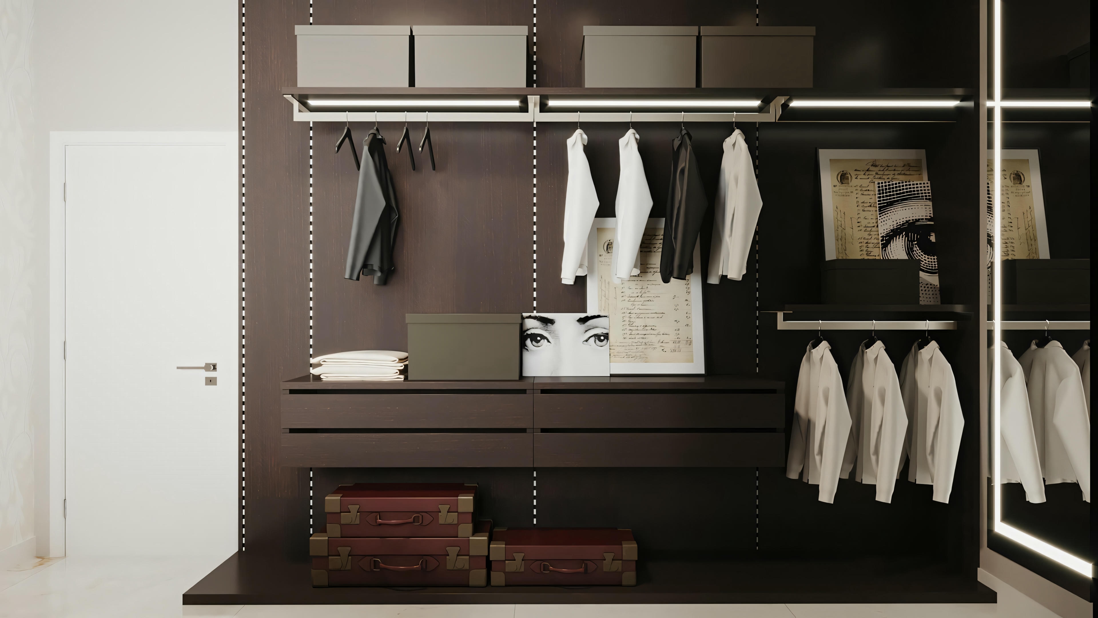 A closet with shelves, drawers, and hanging clothes.