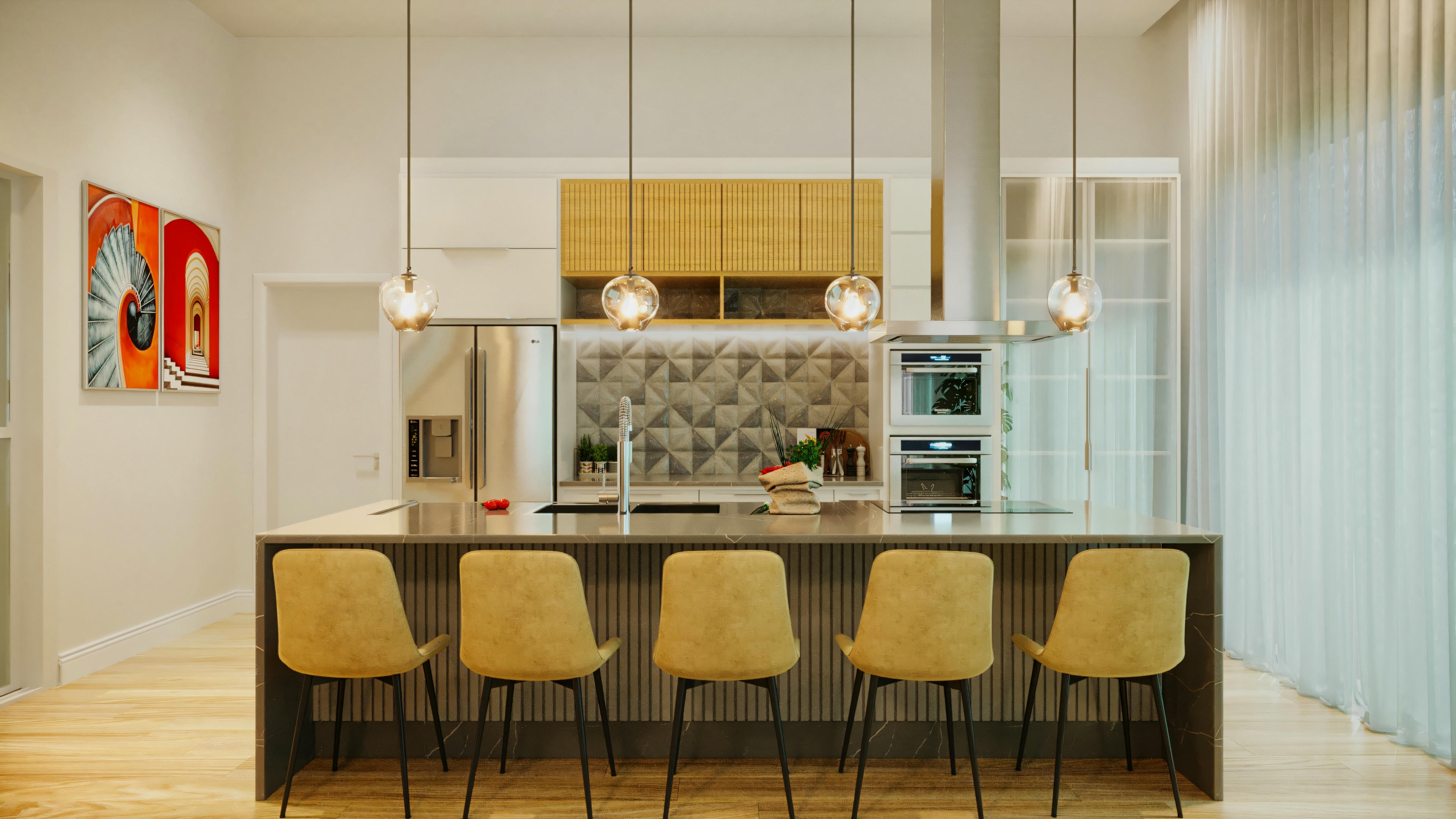 Cocina gourmet de lujo con isla central en casa de alto padrão con 3 suites, piscina y zona gourmet. La imagen destaca la encimera de la isla con banquetas, armarios sofisticados, electrodomésticos modernos, y diseño de iluminación. Perfecta para una zona gourmet de lujo con piscina, integrada a los espacios sociales de la residencia de 335.08m².
