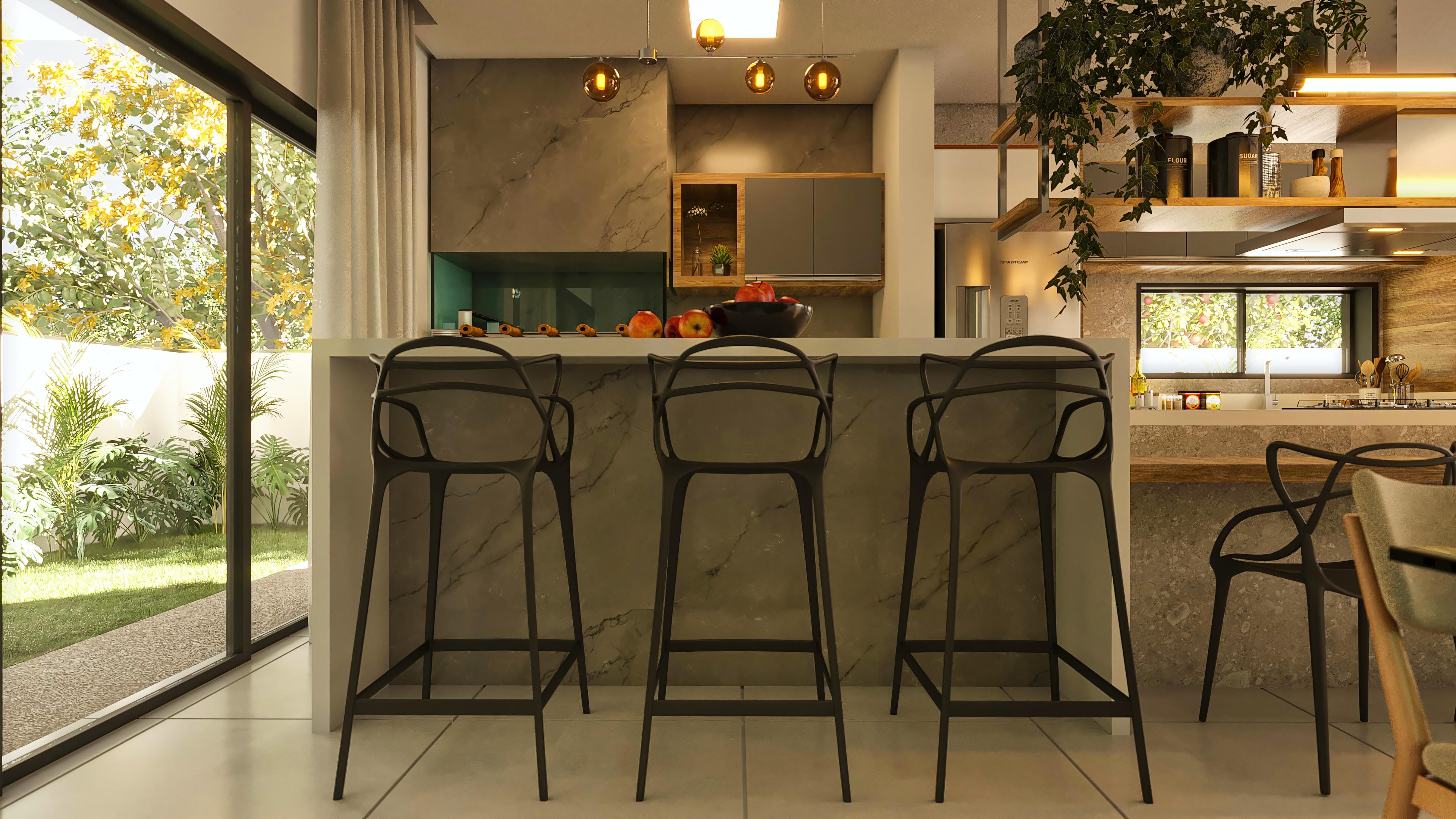 Barra de cocina gourmet con revestimiento marmolado, taburetes modernos e iluminación colgante, conectándose a una sala integrada y vista a la zona exterior con paisajismo exuberante.