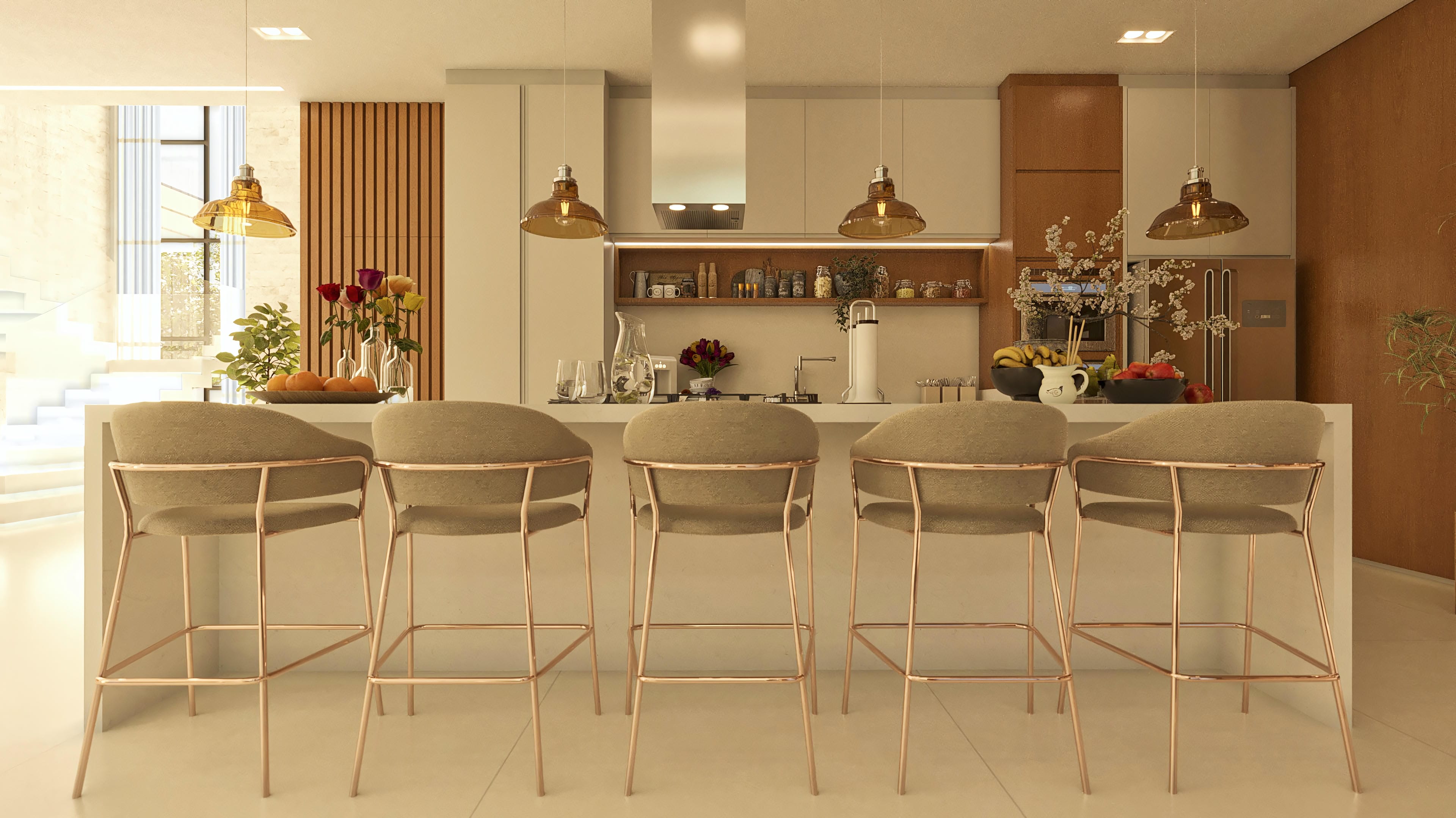 Barra de cocina moderna con taburetes en tonos terrosos, iluminación ámbar y paneles con acabado de madera, integrada a un espacio con escalera clara y paisajismo.