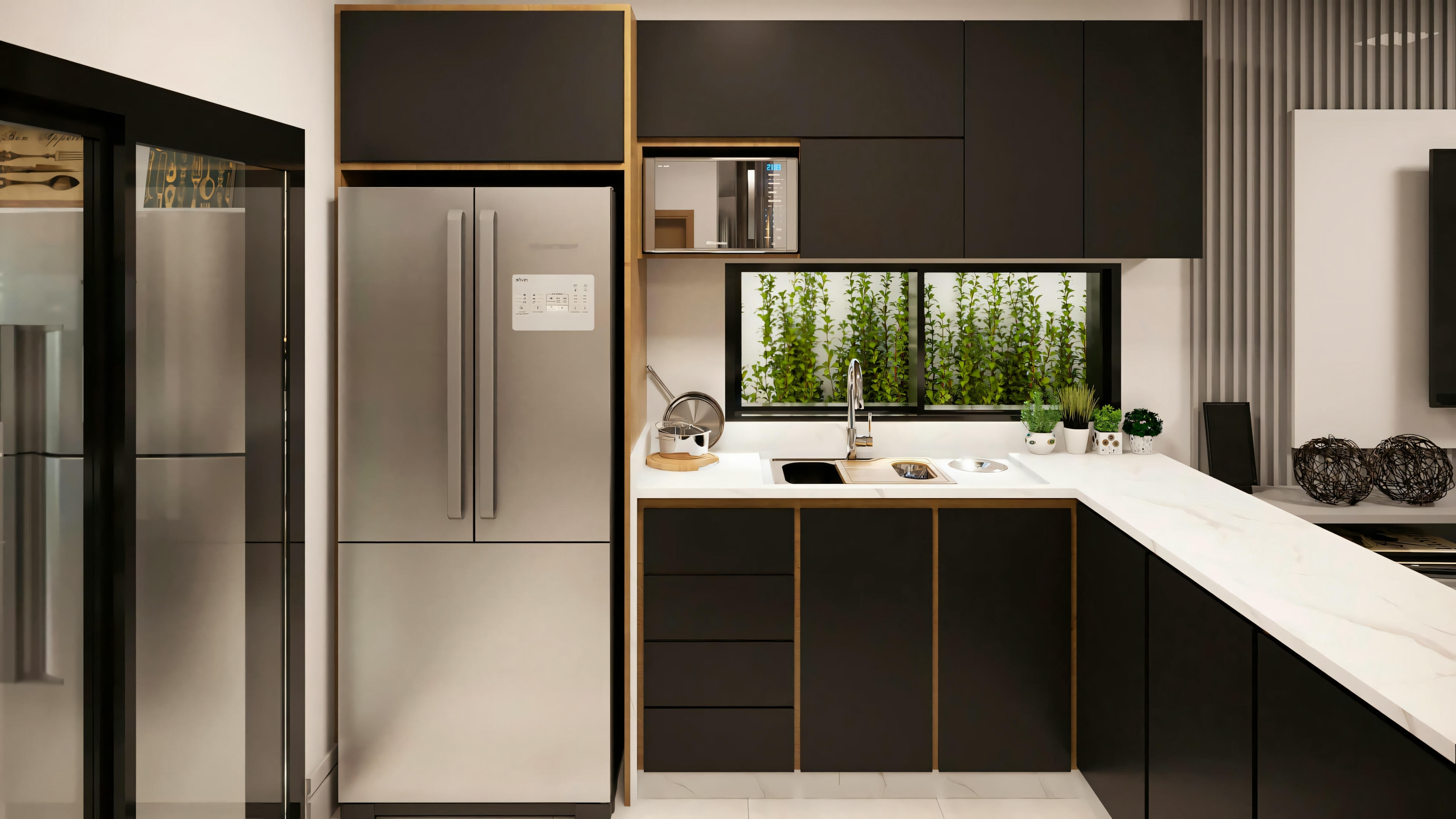 Cocina moderna con armarios oscuros y nevera embutida.
