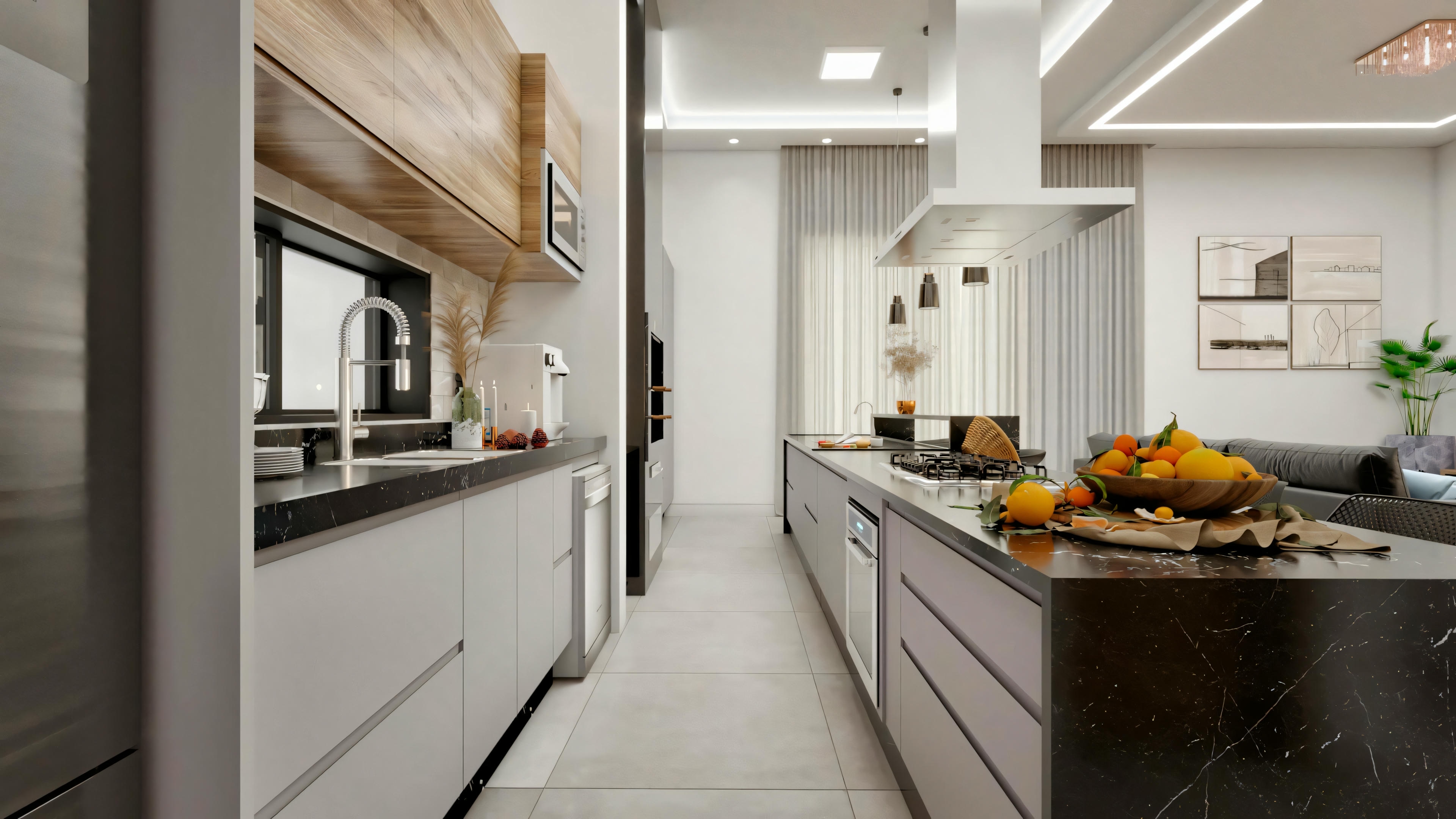 Cocina moderna en casa de campo con isla central de granito oscuro, armarios blancos y detalles en madera.