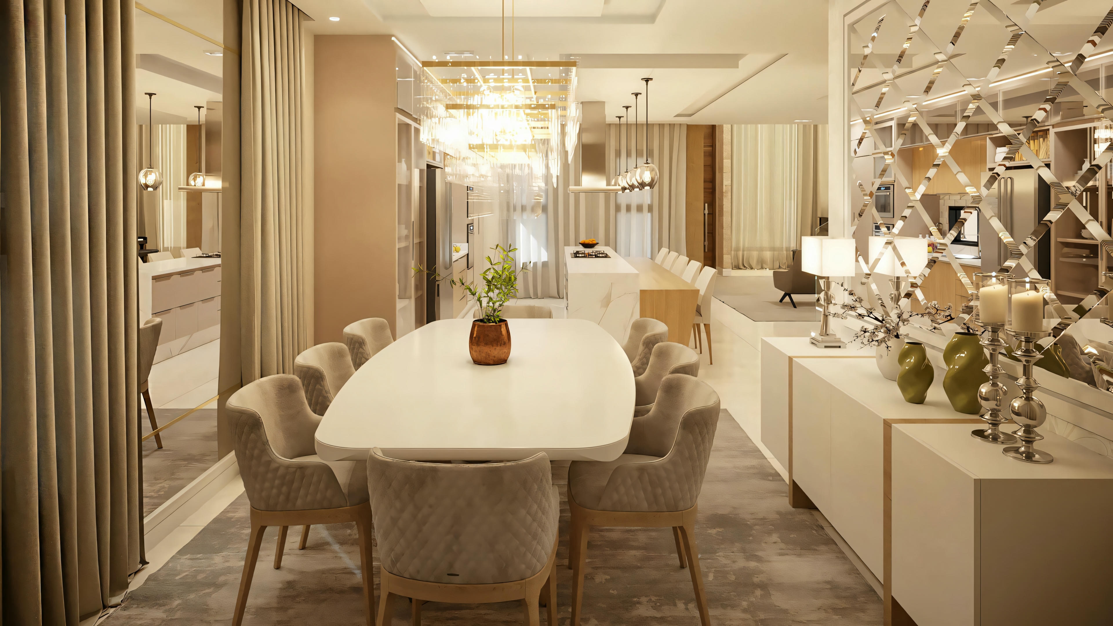 Comedor moderno com mesa redonda grande, seis cadeiras estofadas e lustre elegante.