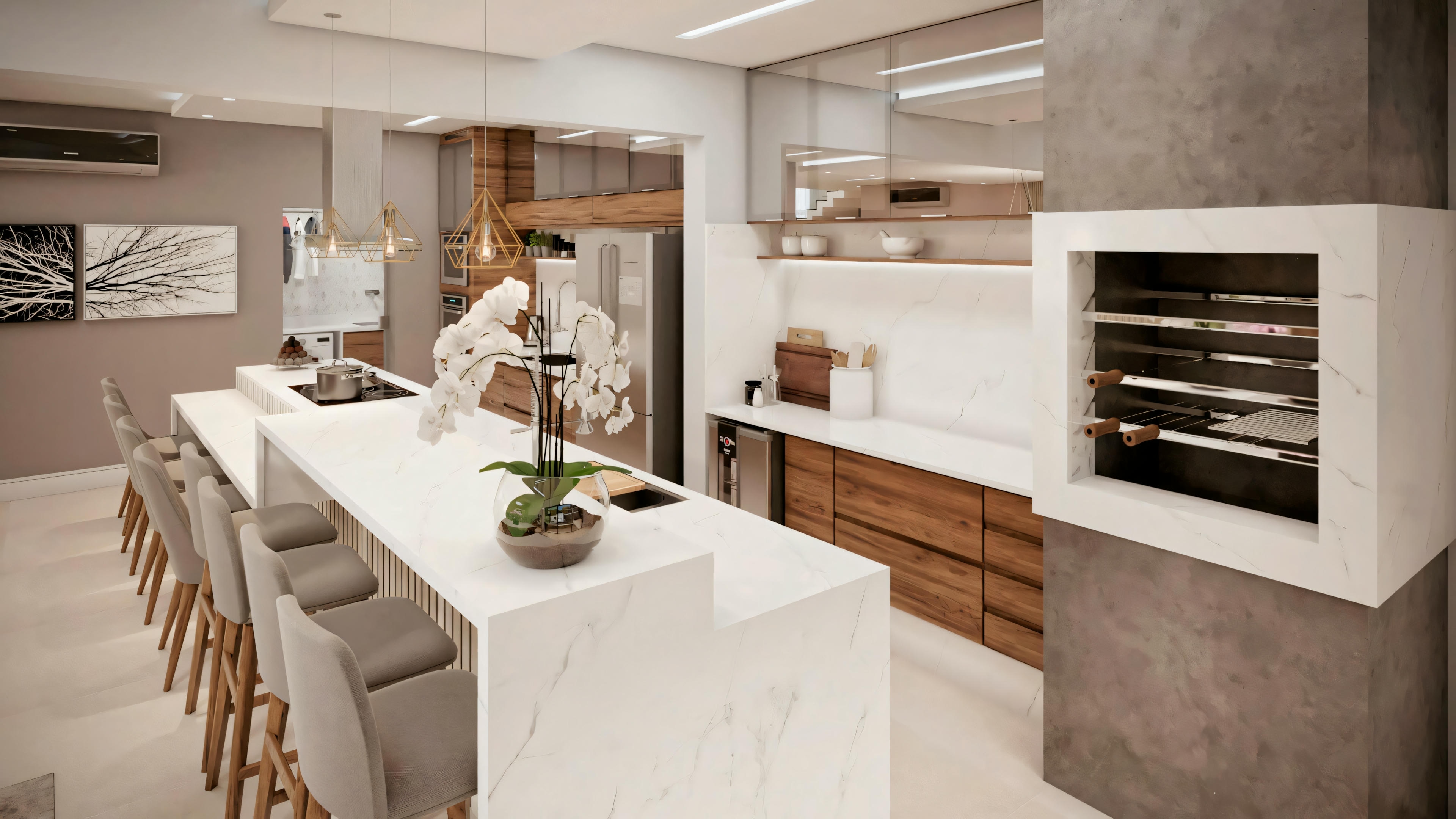 Uma cozinha moderna com bancadas brancas, ilha central com banquetas e eletrodomésticos embutidos.
