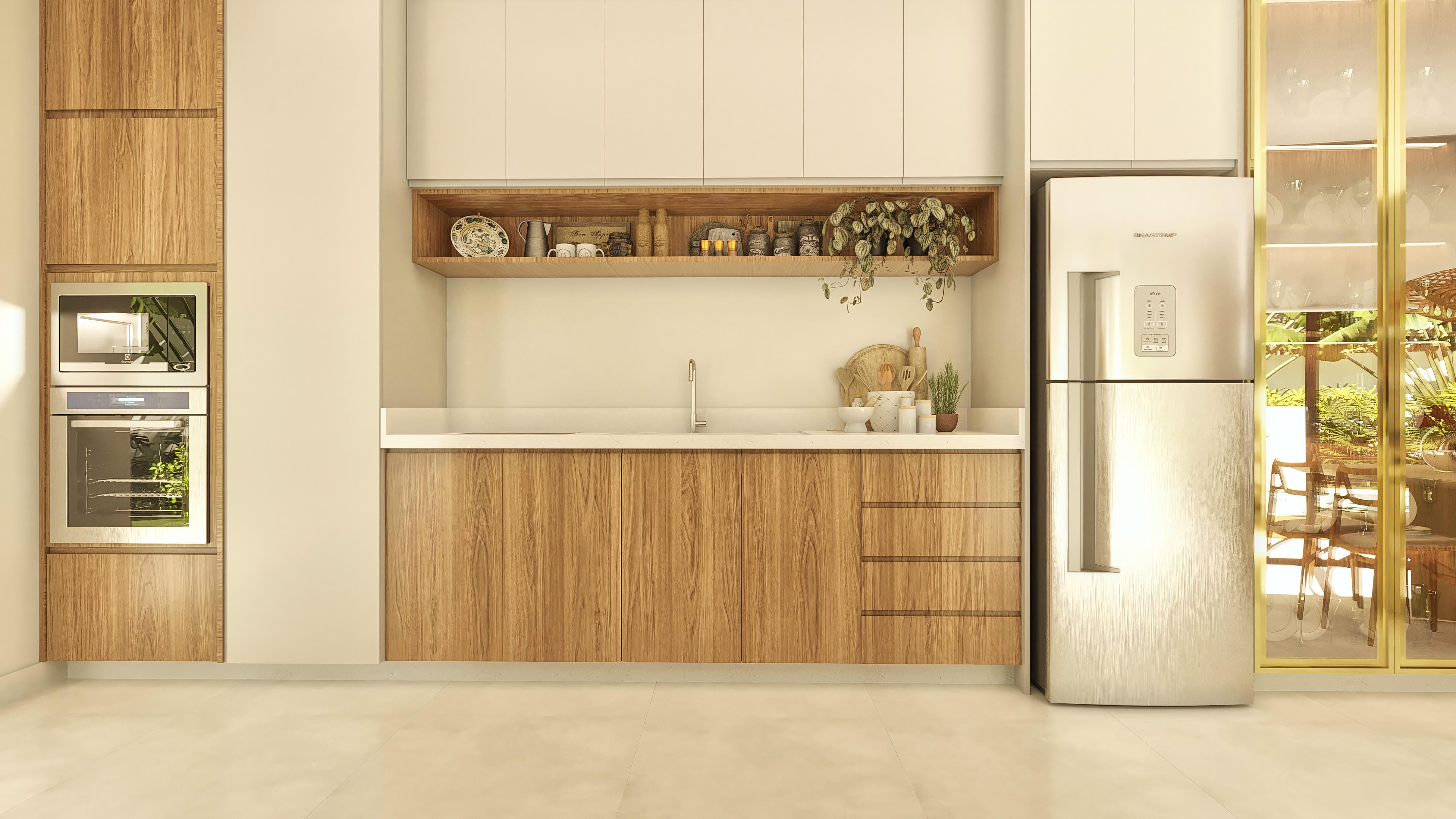 Cozinha moderna com armários em madeira clara, bancada em quartzo branco, forno e micro-ondas embutidos, geladeira em inox e um armário com portas de vidro.