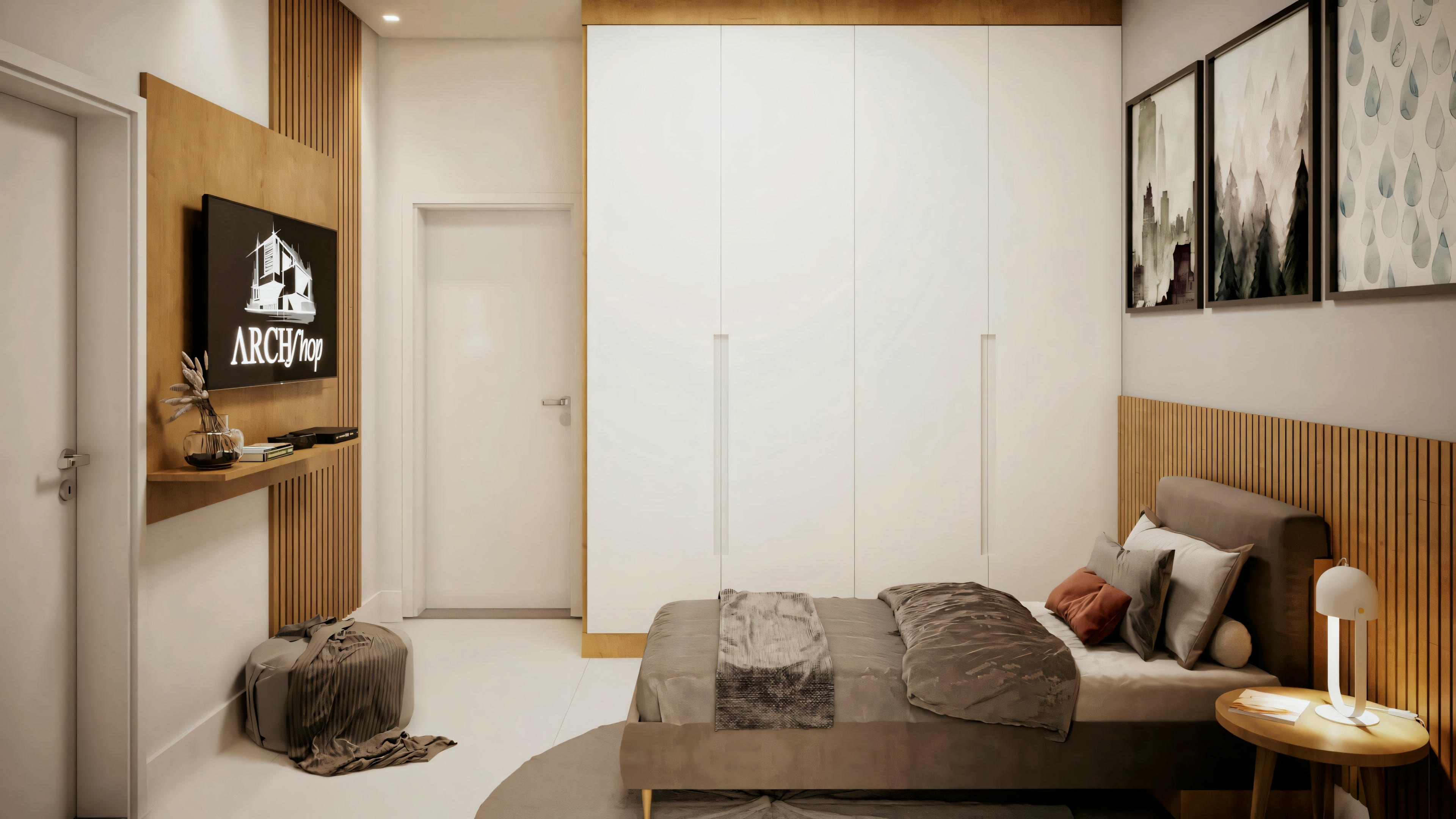 Cozy bedroom with a bed, side tables, and soft lighting.