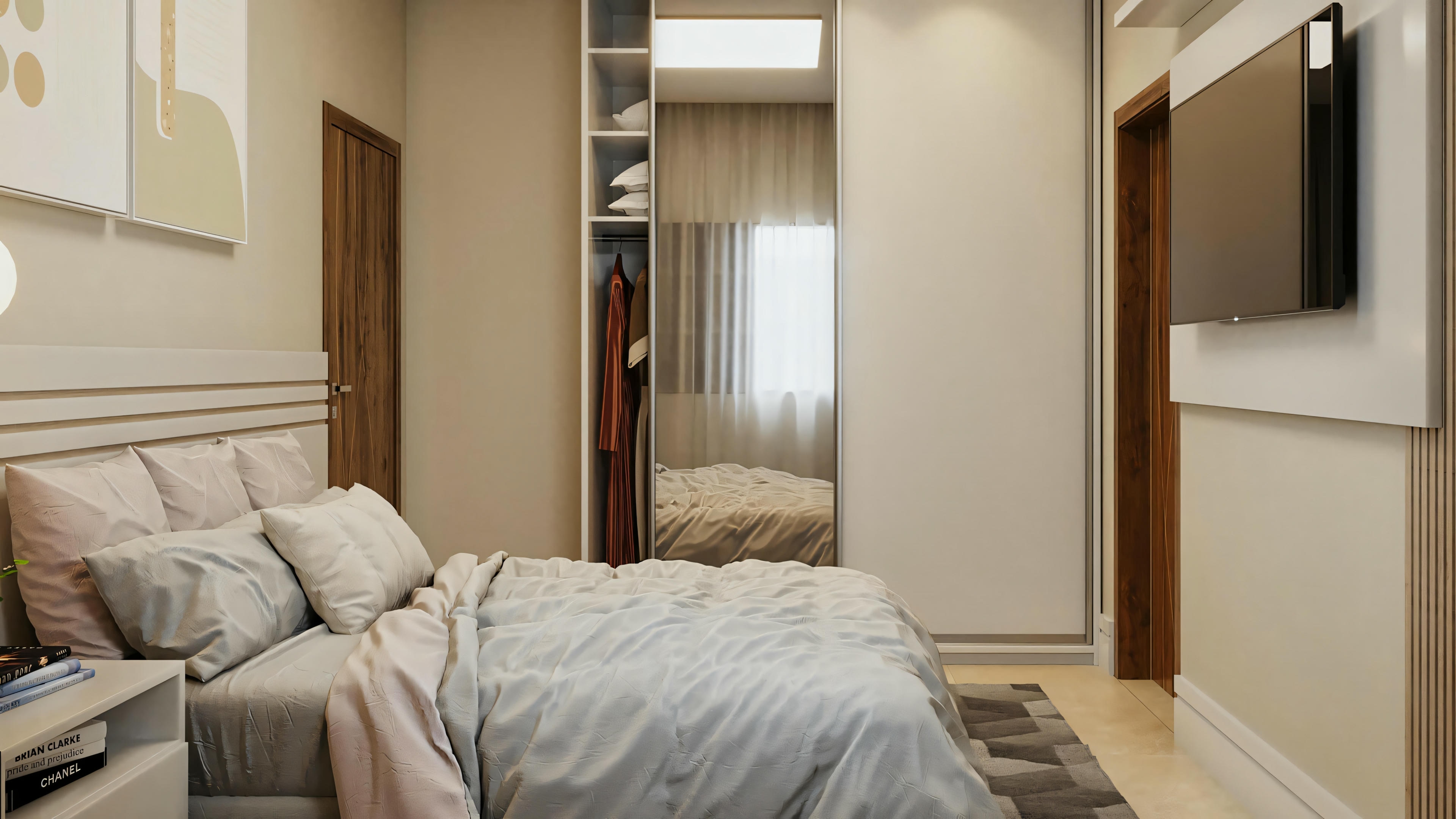 Imagen del segundo cuarto suite del proyecto listo de casa de planta baja con 2 suites, presentando cama de matrimonio, panel para TV, armario con espejo y puerta de acceso en madera.