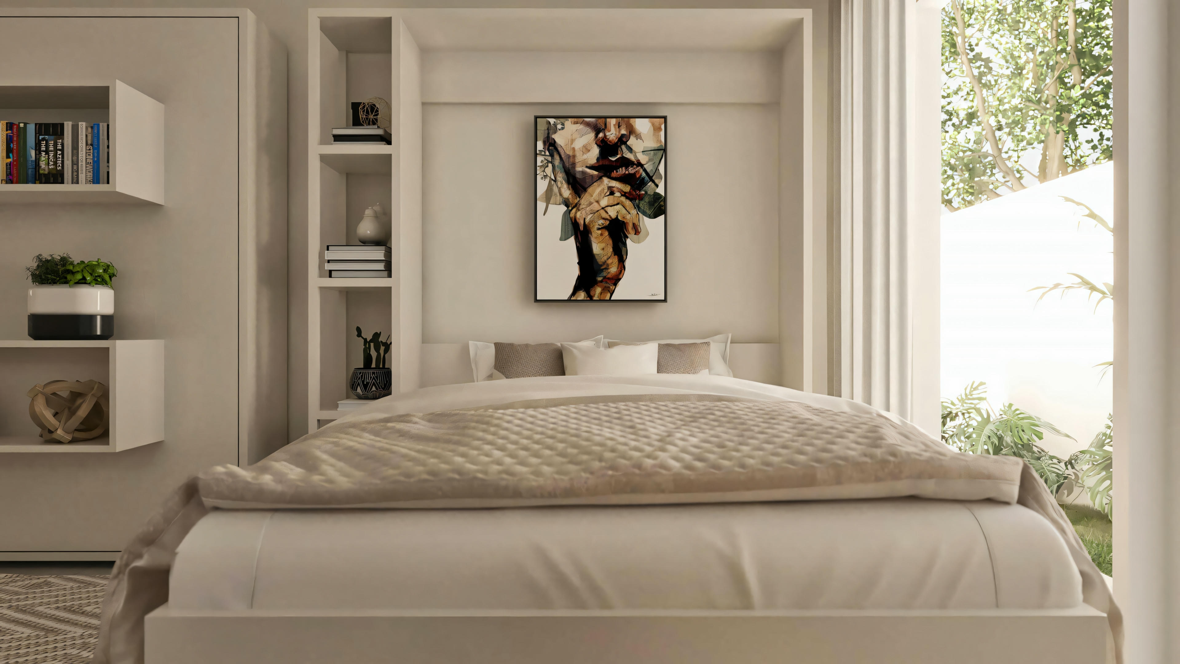 Decorated bedroom environment in a modern single-story house project (3 bedrooms), featuring a bed with neutral bedding, built-in headboard with shelves, picture, and large window.