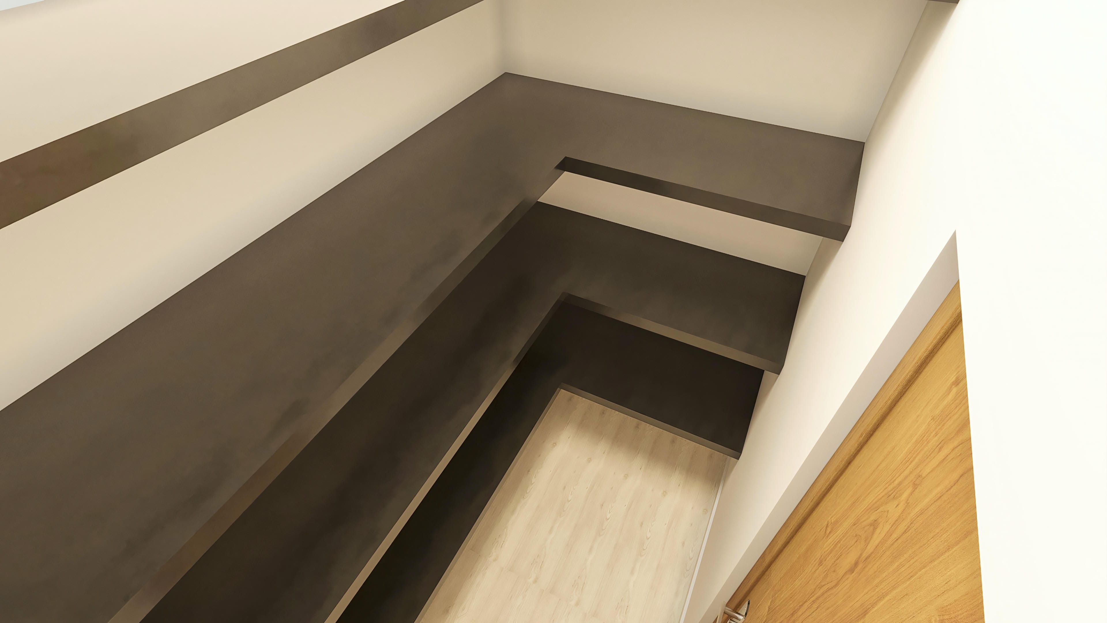 Vista interna con detalles arquitectónicos modernos, destacando la interacción entre volúmenes en colores claros y oscuros, suelo de madera y un detalle de puerta amadeirada.