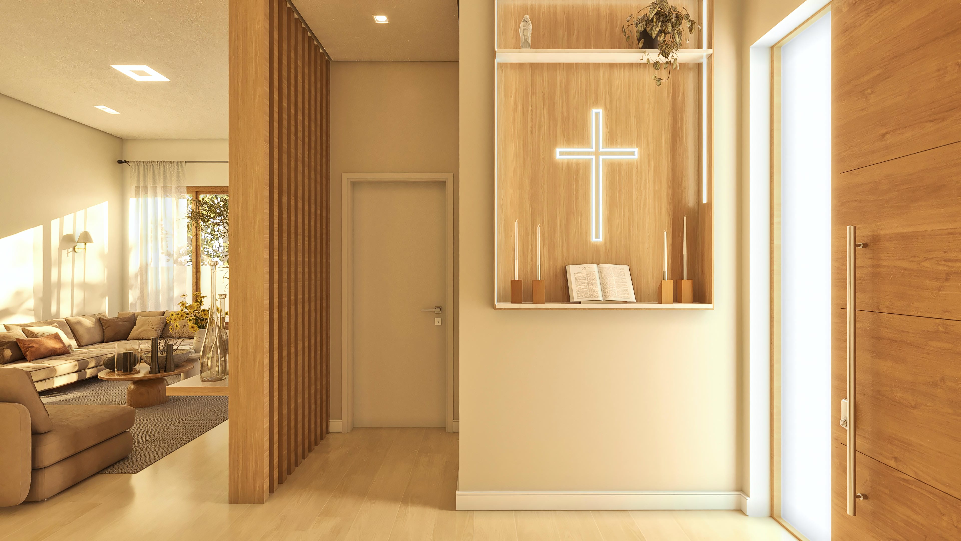 Interior moderno con nicho iluminado por LED con cruz y libro, puerta de madera y divisoria de líneas verticales.
