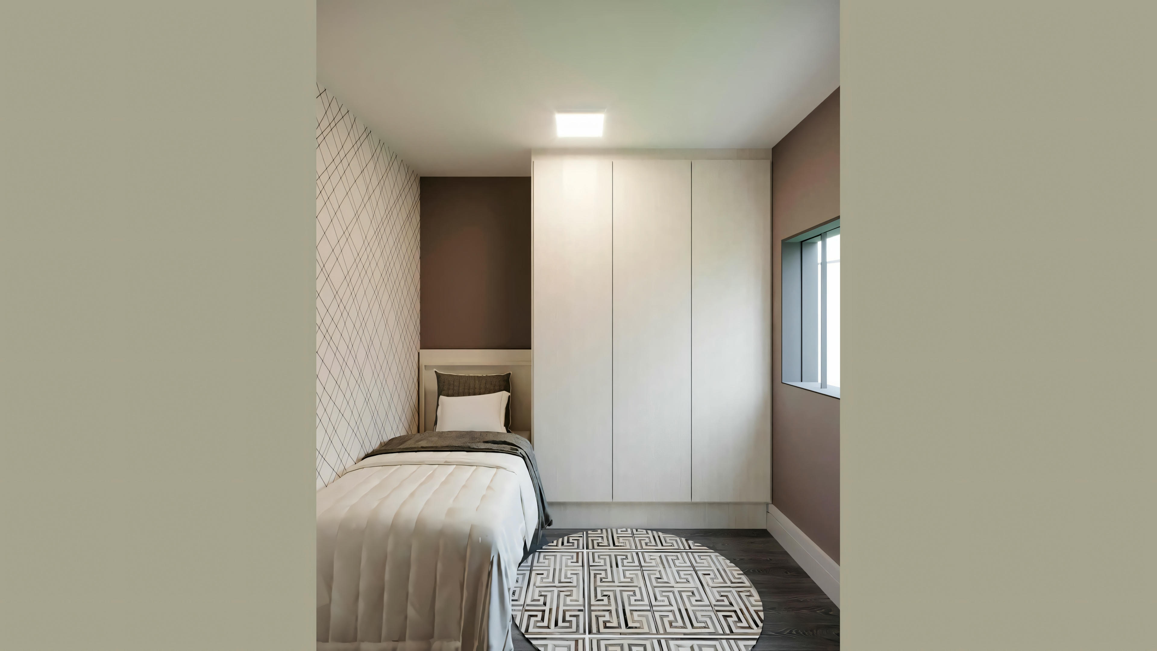 Renderizado de un dormitorio con cama y mesitas de noche.