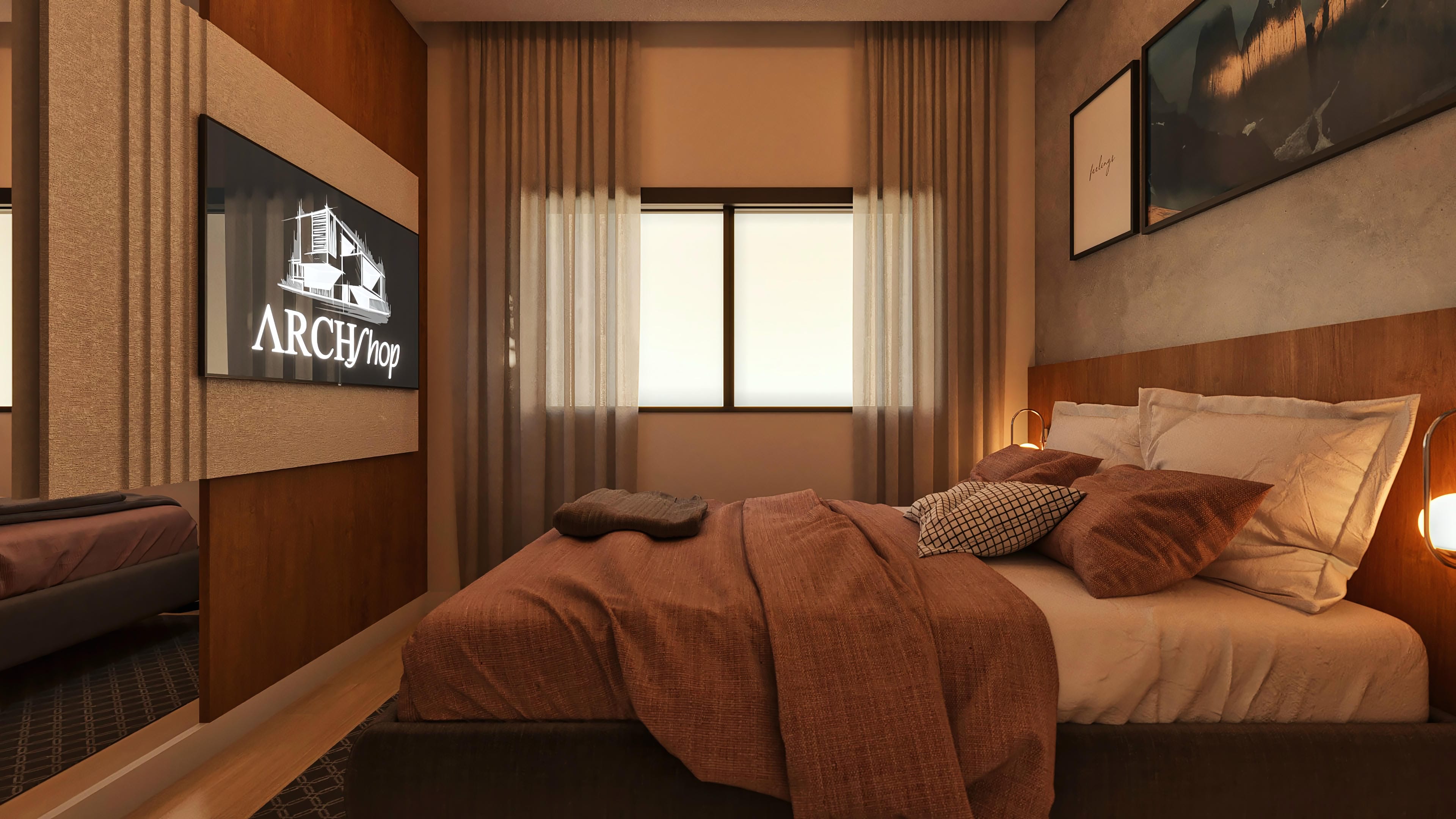 Dormitorio moderno y acogedor con pared en textura de madera enlistonada, cama con ropa de cama en tonos terrosos y cojines decorativos. Detalle de lámpara y obras de arte en las paredes.