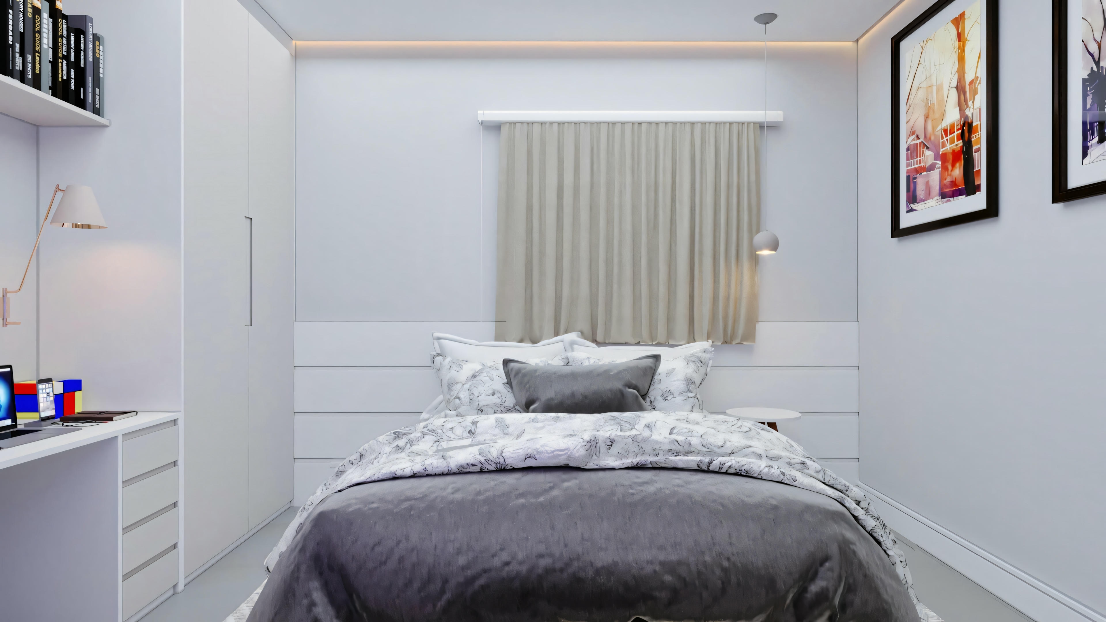 Un dormitorio con cama hecha, dos mesitas de noche, una lámpara y una ventana con cortinas.