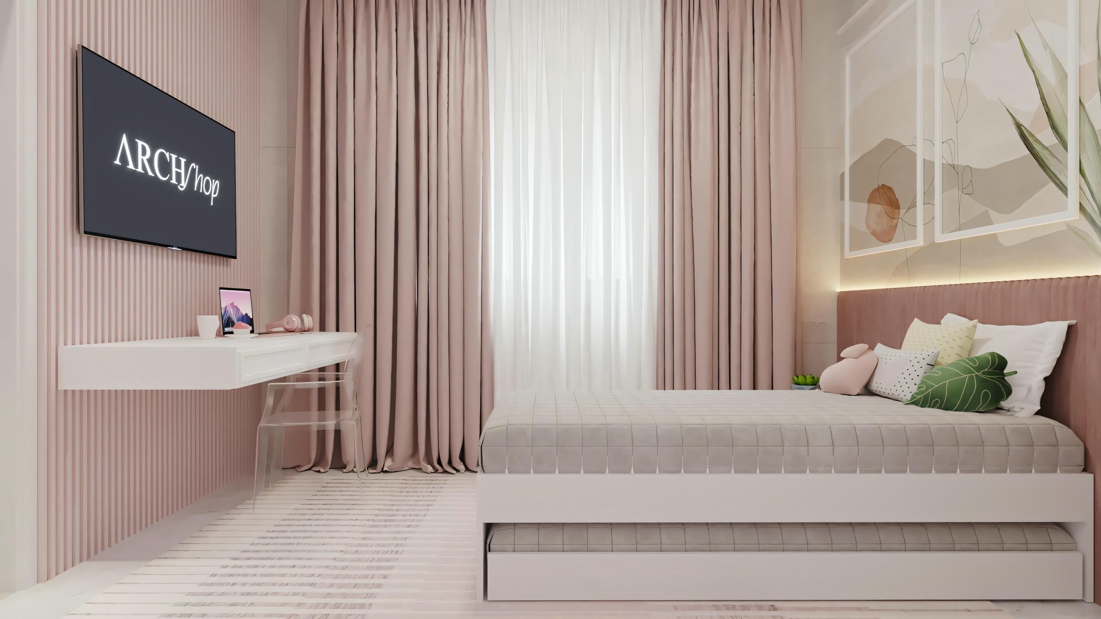 Um quarto com cama de roupa de cama rosa, mesa com cadeira aos pés da cama e grandes janelas permitindo a entrada de luz natural.