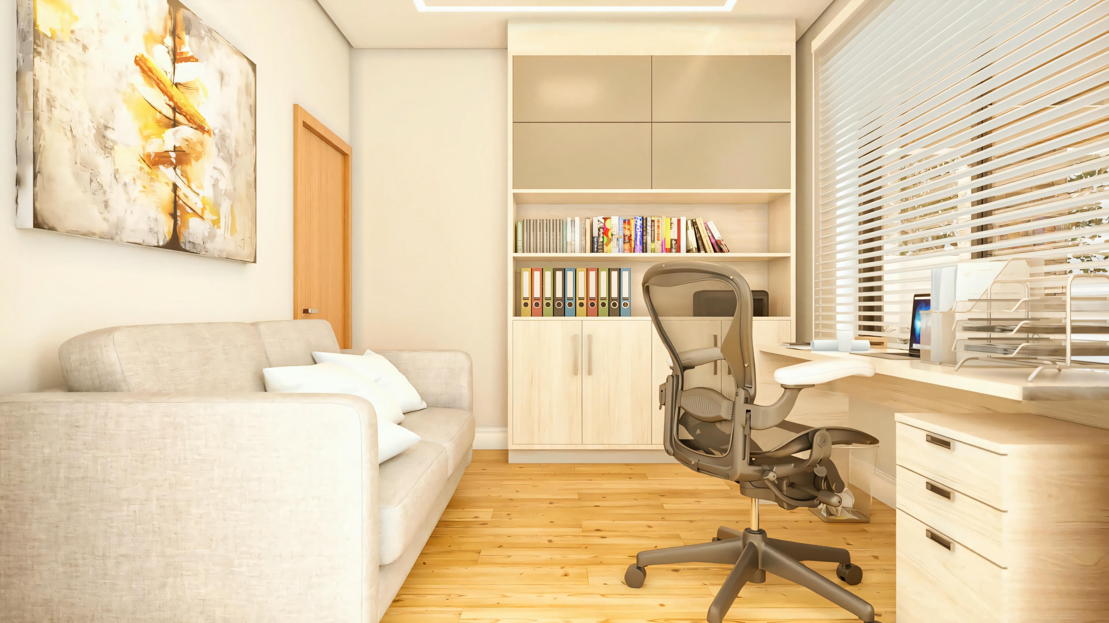 Ambiente de home office no sobrado moderno de 330m², mostrando a bancada de trabalho, estante e um sofá, configurando um espaço multifuncional.