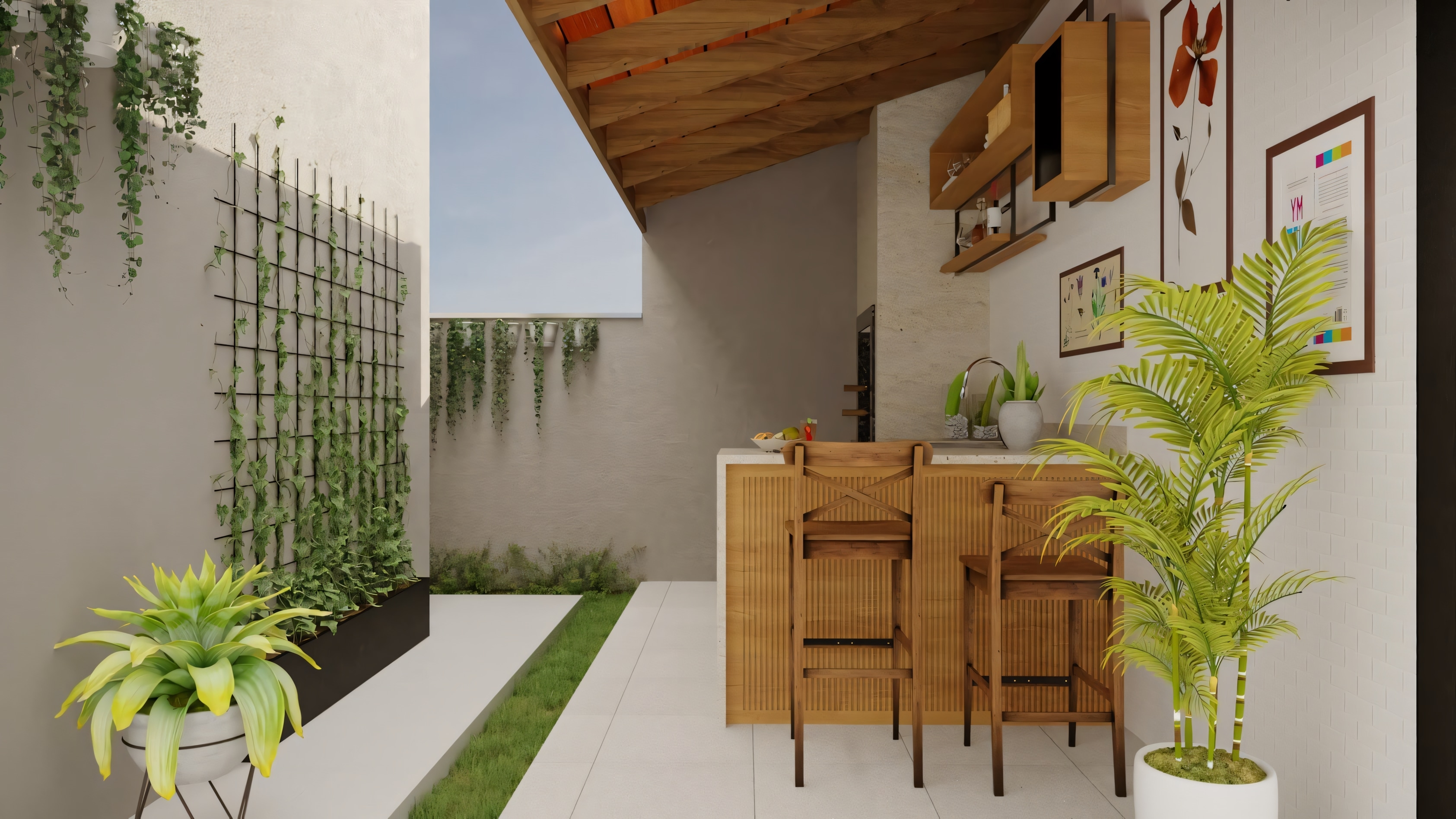 Side view of the gourmet area covered by a wooden pergola, showing a countertop with stools, decorative shelves, and a vertical garden on the side wall.