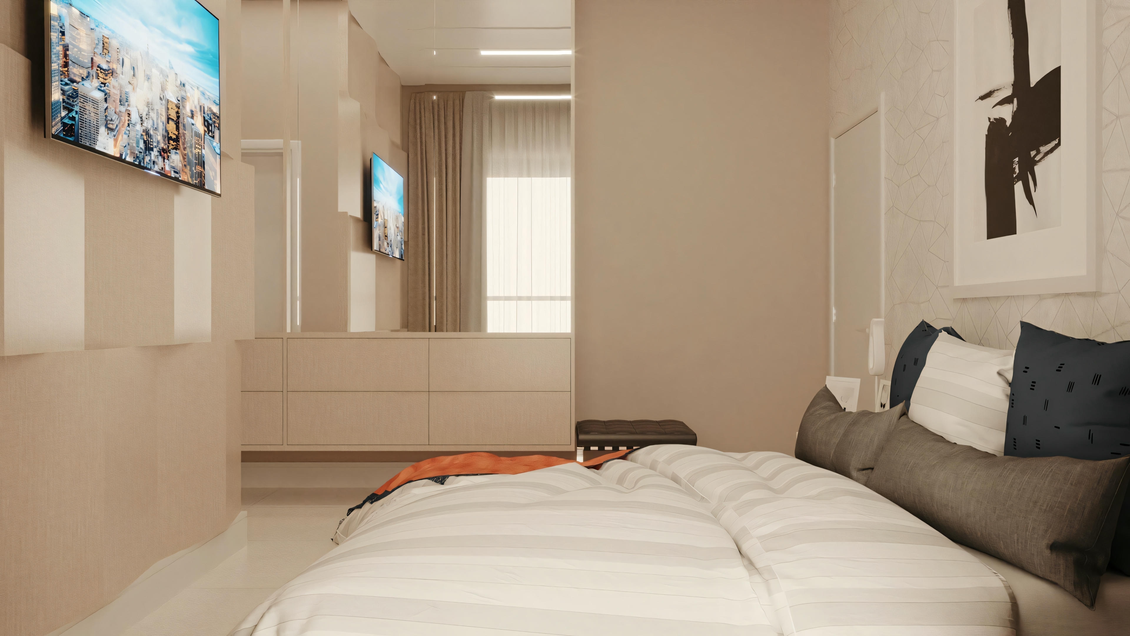 Una habitación moderna con una cama bien arreglada y una mesita de noche.