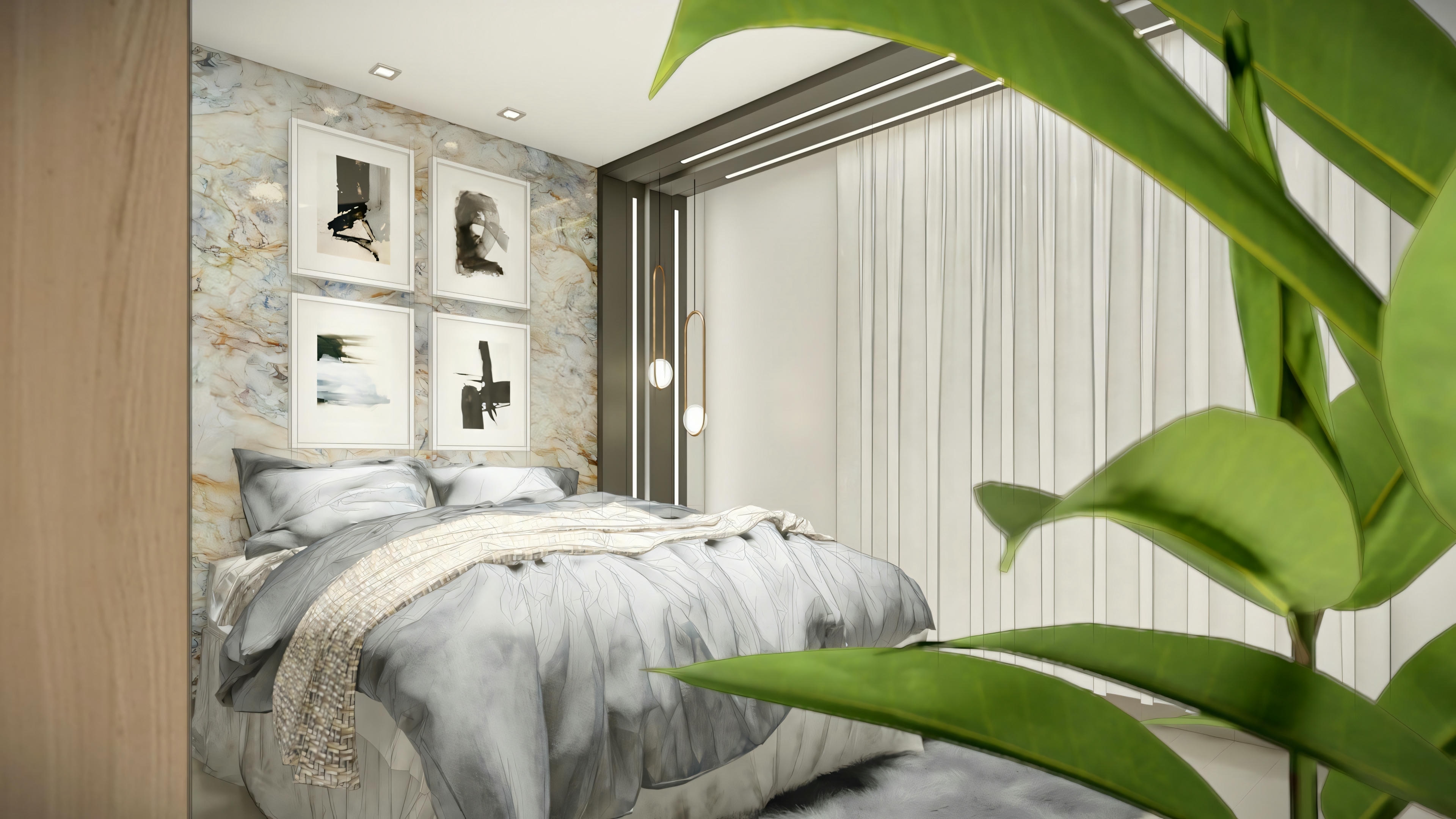 An indoor space with a large window, indoor plants, and contemporary furniture.