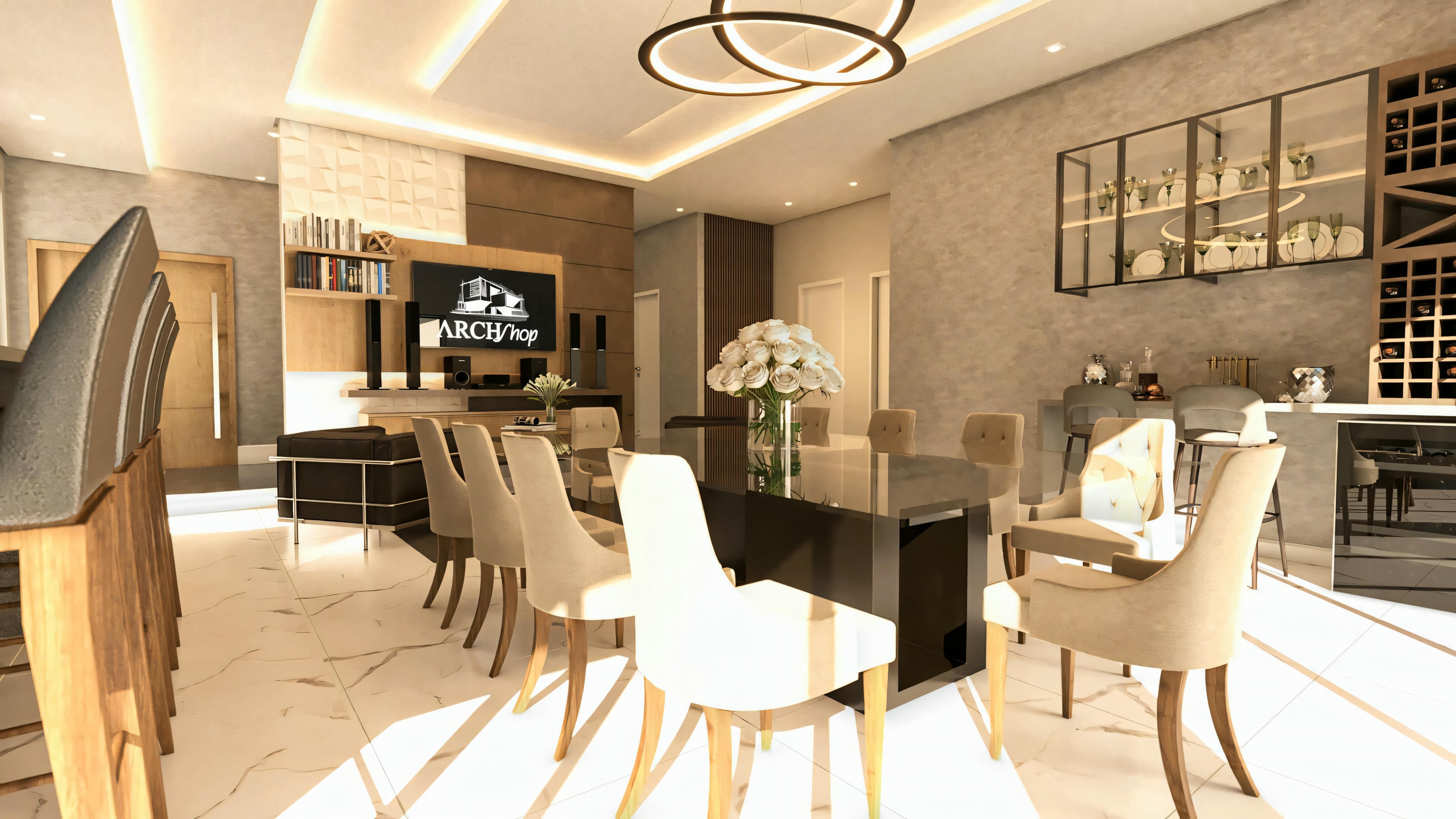 Modern dining room integrated with a bar and living room, part of a bungalow house project with 3 suites. The environment is from a 276.43m² house, designed for a 20x50 lot, including 3 suites, an office, and a gourmet area.