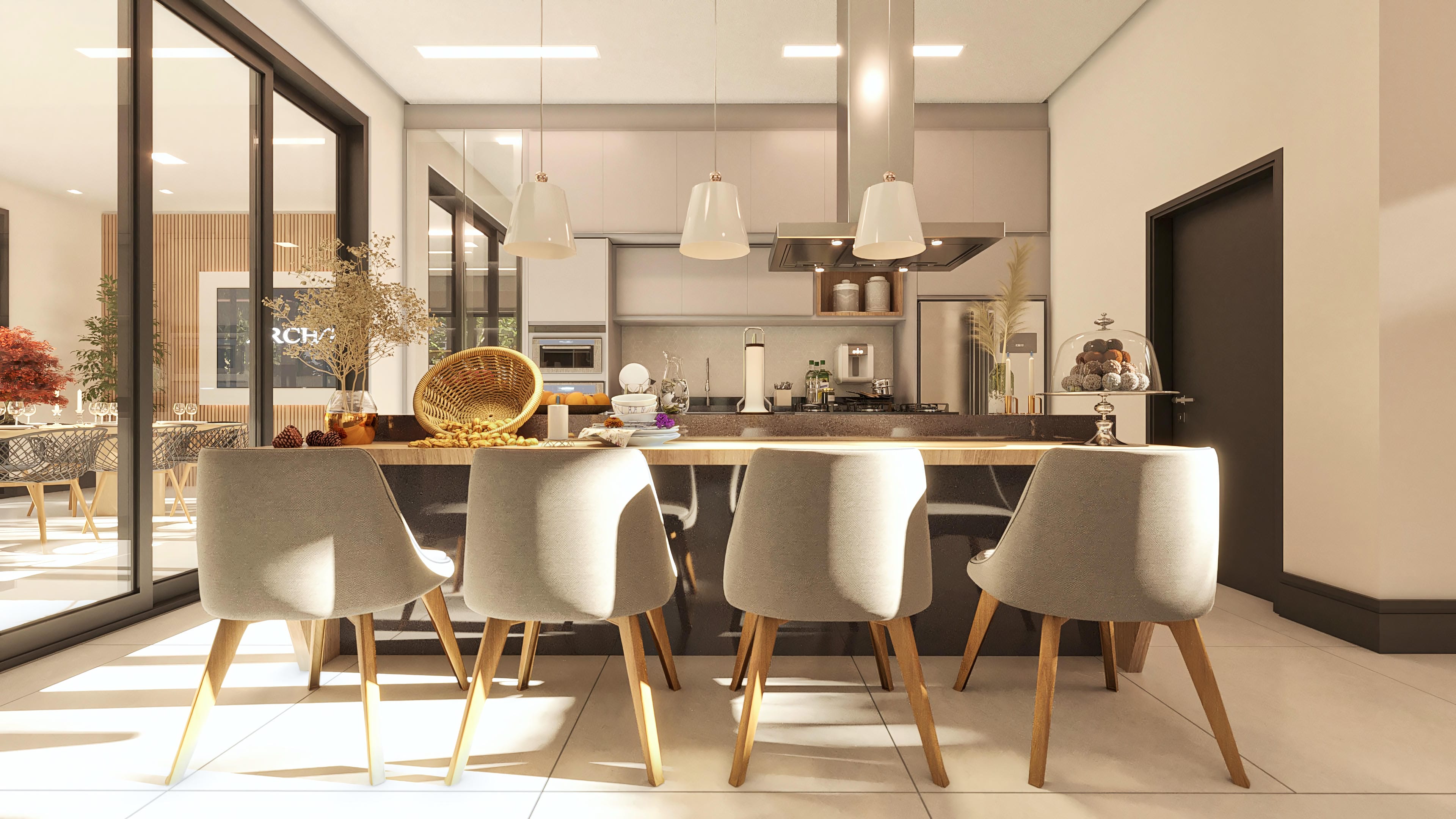 Interior of a modern house with a kitchen counter with chairs, custom cabinets, stainless steel hood, and a large living area with a view of the garden.