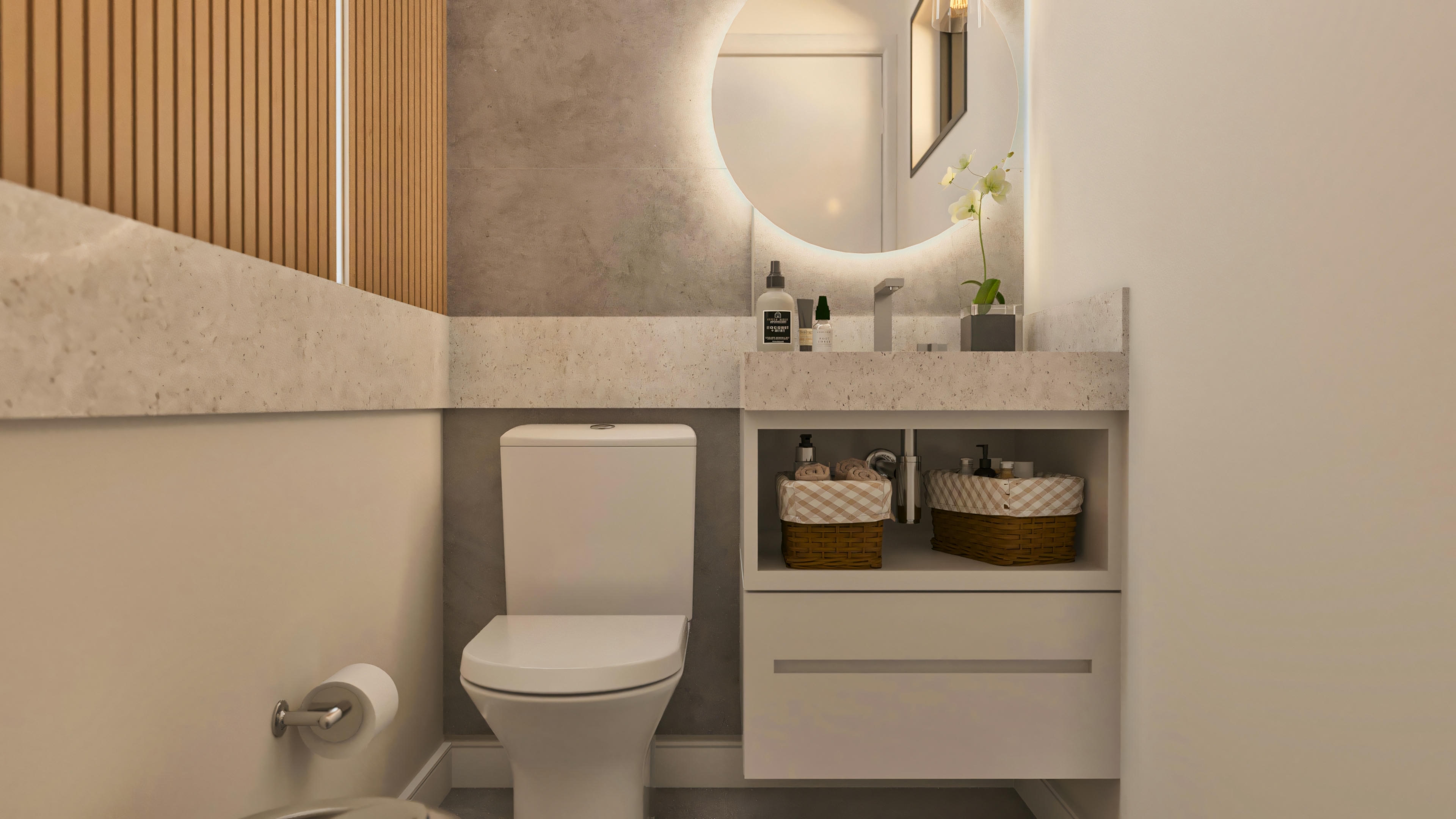 Lavabo contemporâneo em projeto de casa moderna com 394.84m², 4 suítes e 5 banheiros. Ambiente com vaso sanitário com caixa acoplada, bancada em pedra clara com cuba esculpida ou de apoio, gabinete suspenso com gaveta branca e nicho com cestos organizadores. Espelho redondo com iluminação LED embutida, parede de fundo com revestimento texturizado tipo cimento queimado e detalhe lateral em painel de madeira ripada vertical.