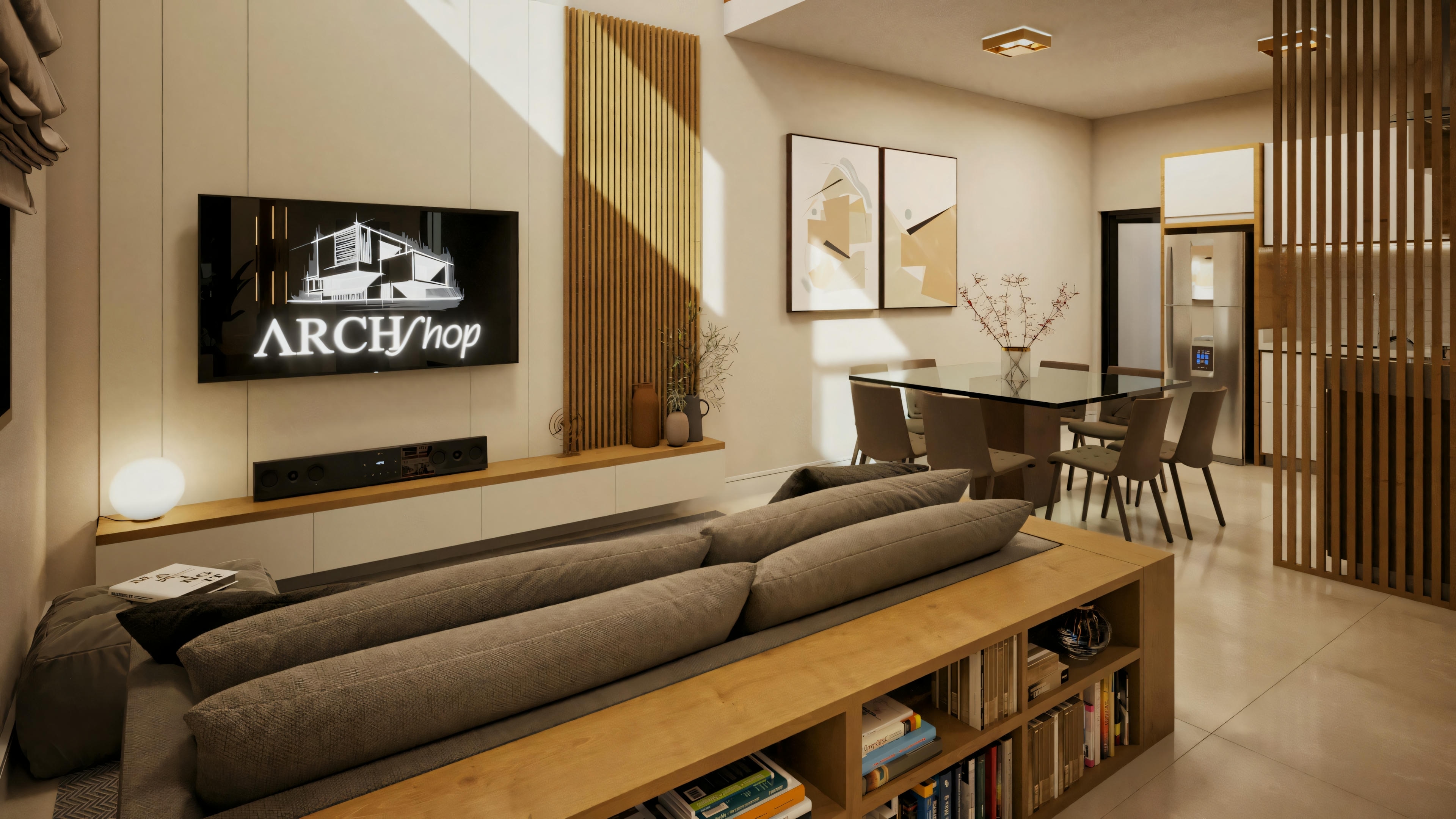 a living room with a sofa, coffee table, and television. Wooden elements are also present, providing a modern aesthetic.