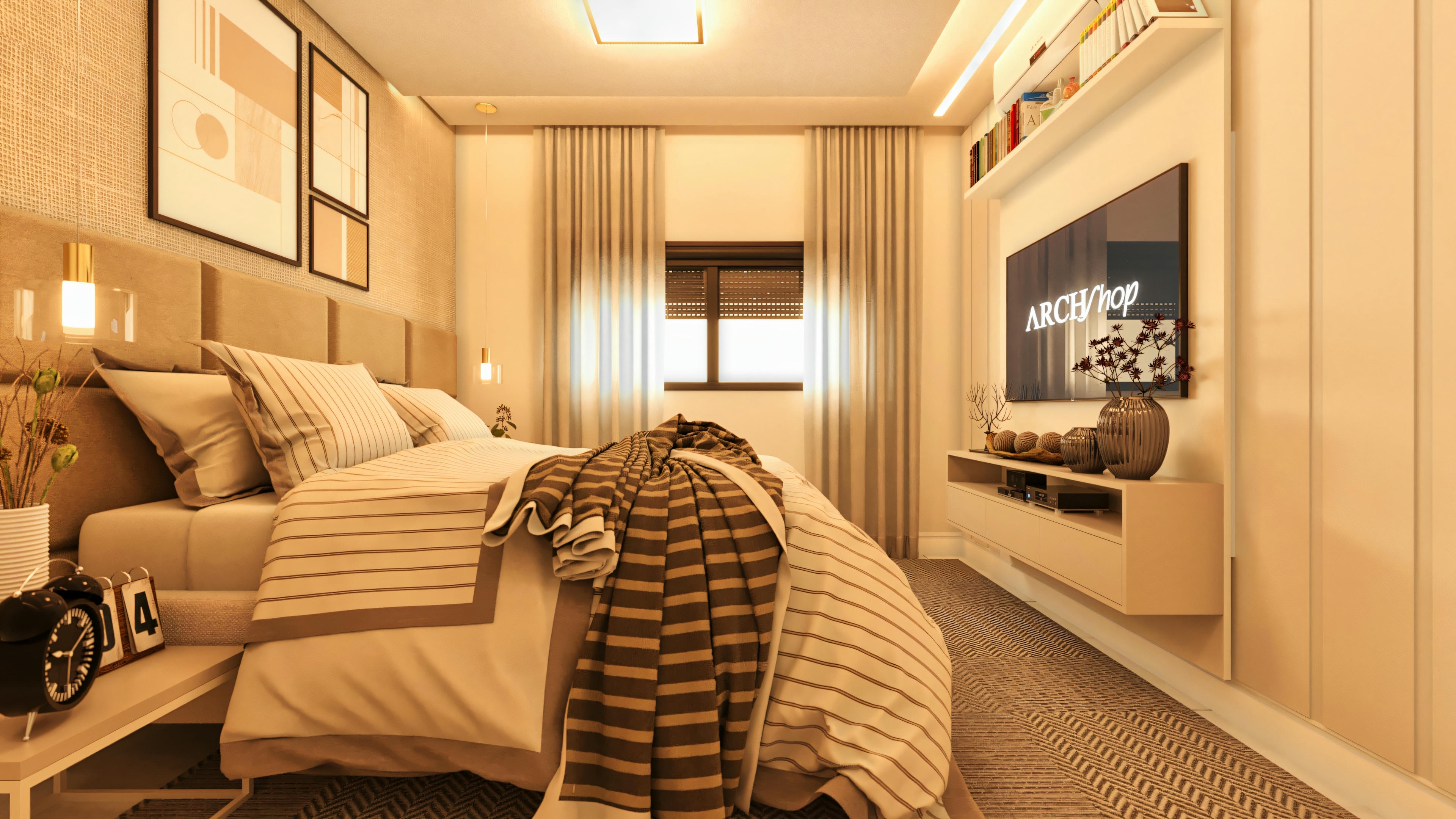 Master bedroom, one of the suites in a modern 3-bedroom house. Environment with a double bed, upholstered headboard, TV panel, window with curtain, and contemporary decor.