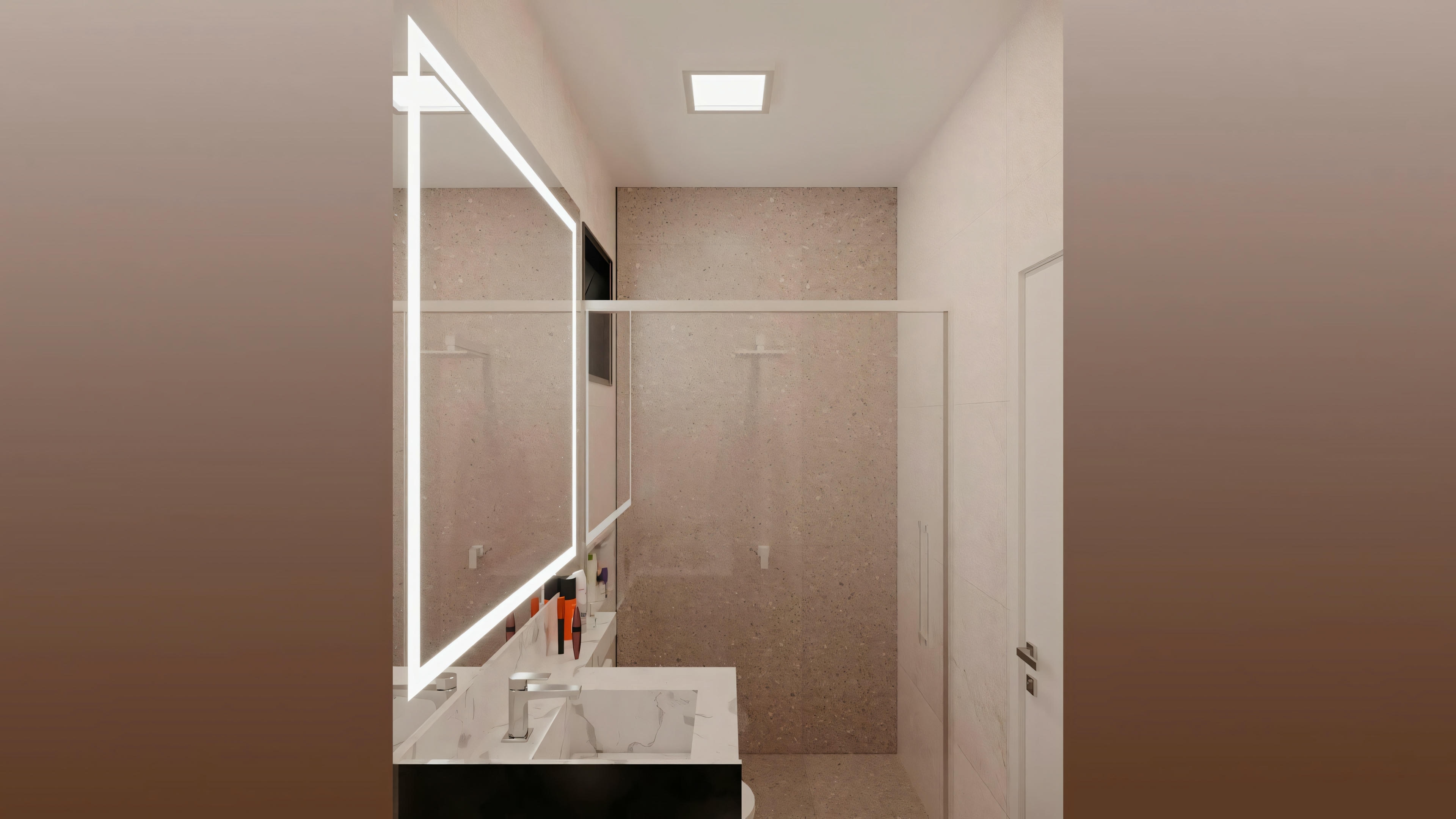 A modern bathroom with a large mirror above the sink and a closed door to the right.