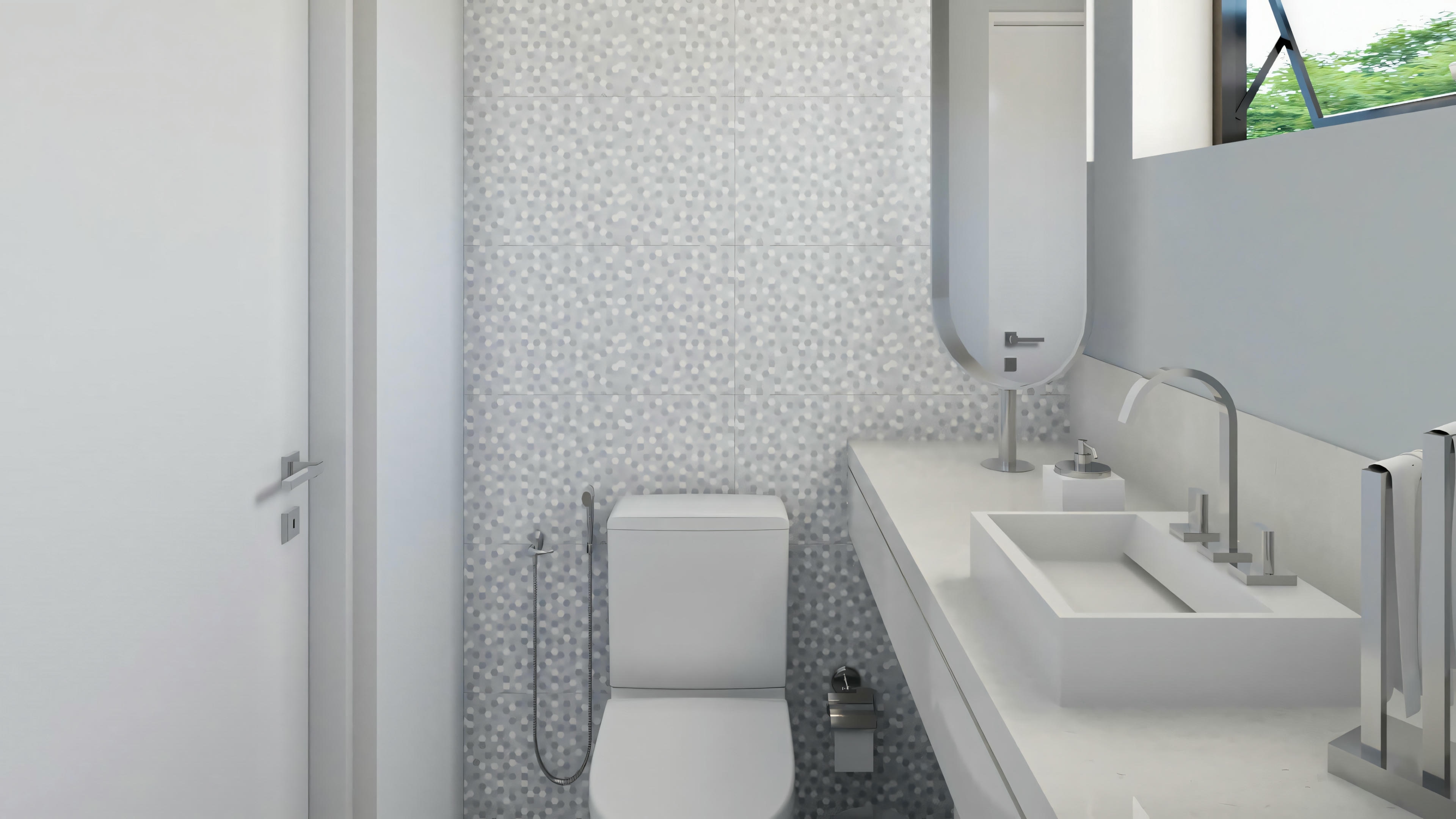 Part of a modern bathroom with a white sink, mirror or wall cabinet edge, and possibly the top of a toilet or laundry basket.