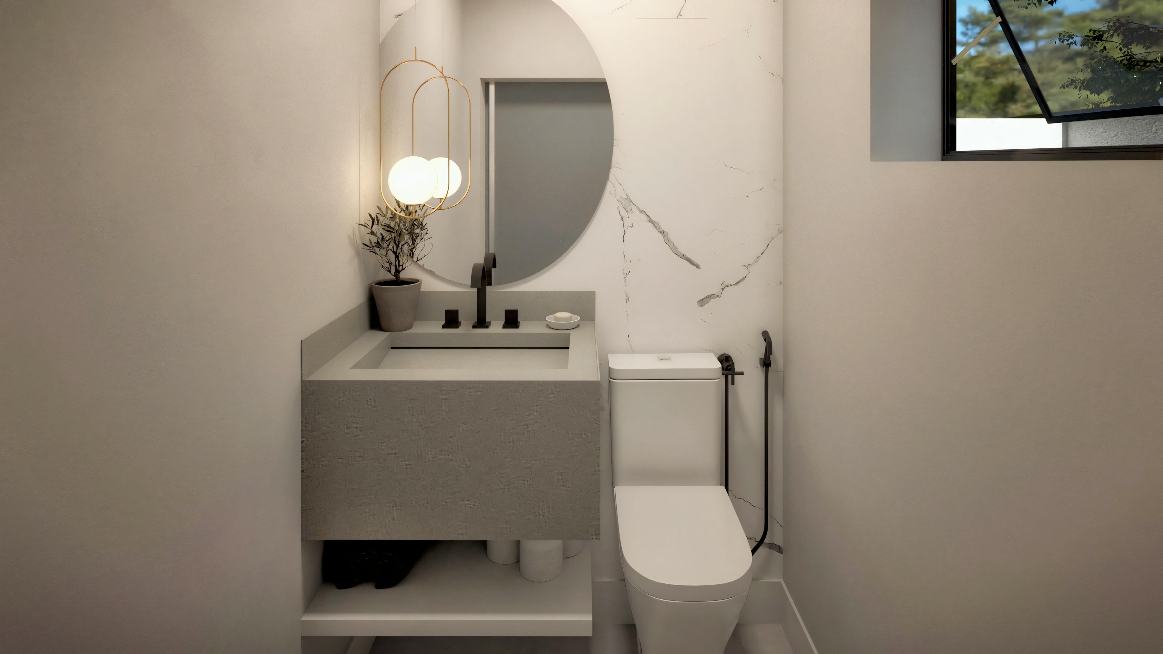 Another perspective of the same bathroom, focusing on the toilet and sink, with less visibility of the items on the counter.