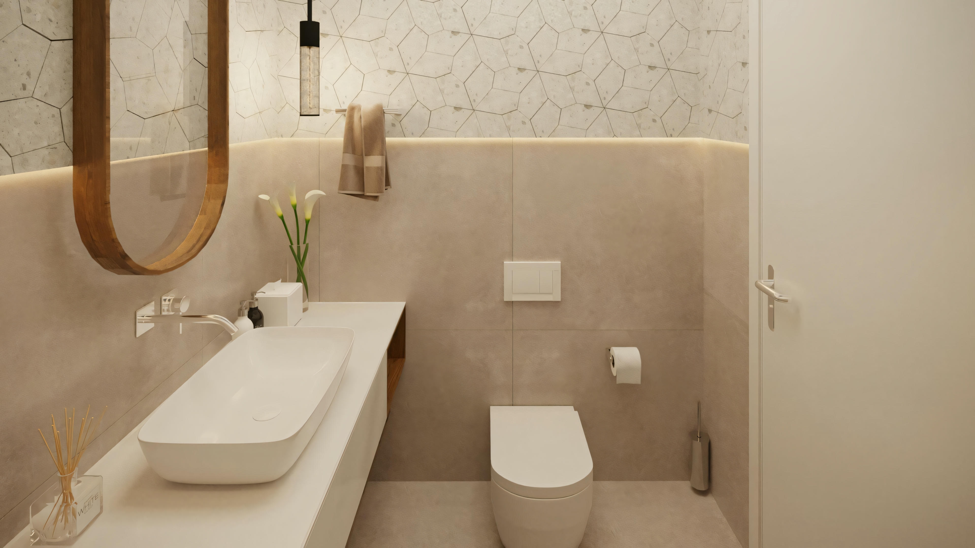 A modern bathroom with a white sink, an oval mirror, and decorative tiles on the wall.