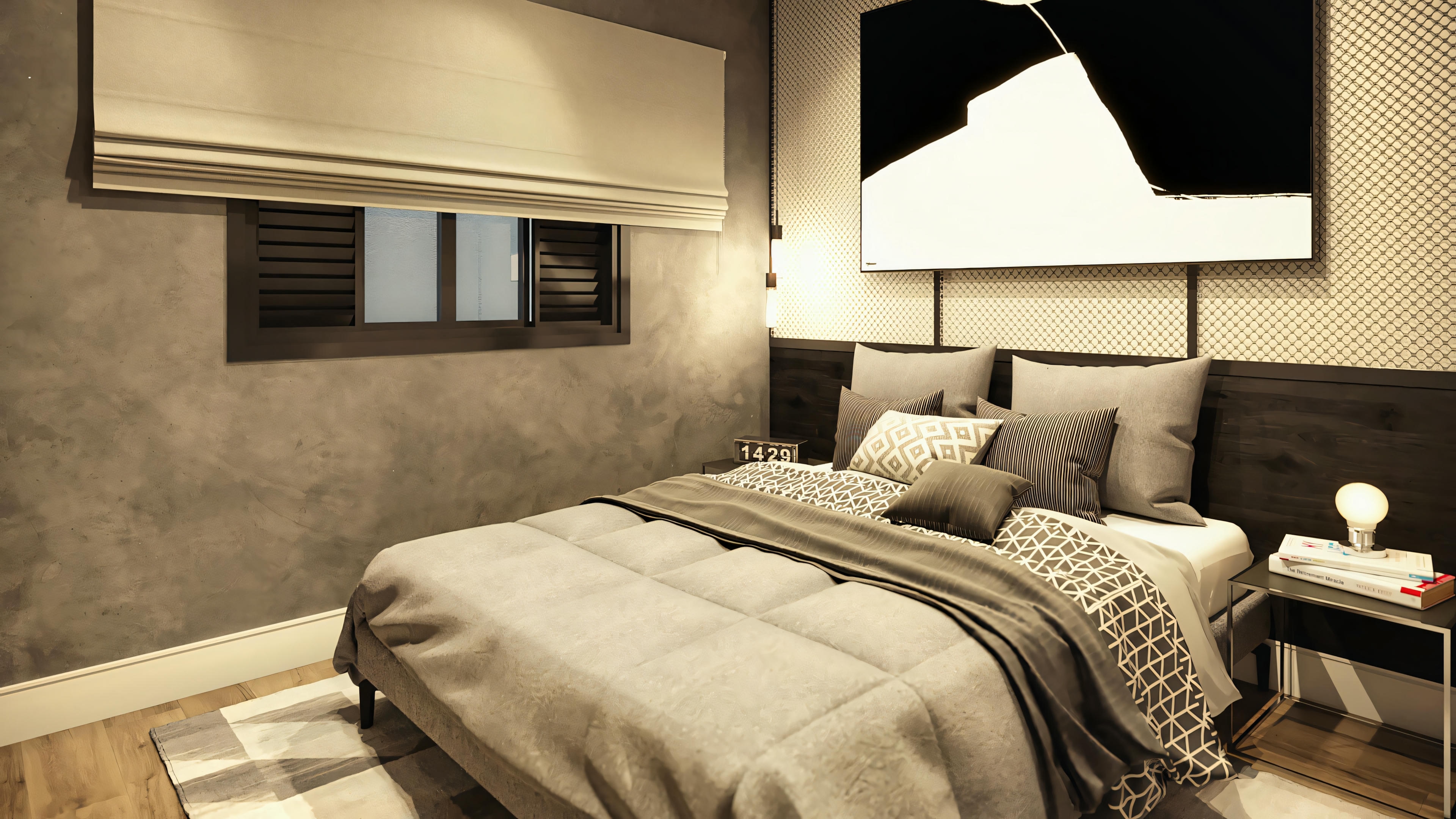 Modern bedroom with a large bed, bedside tables with lamps, and wall art.