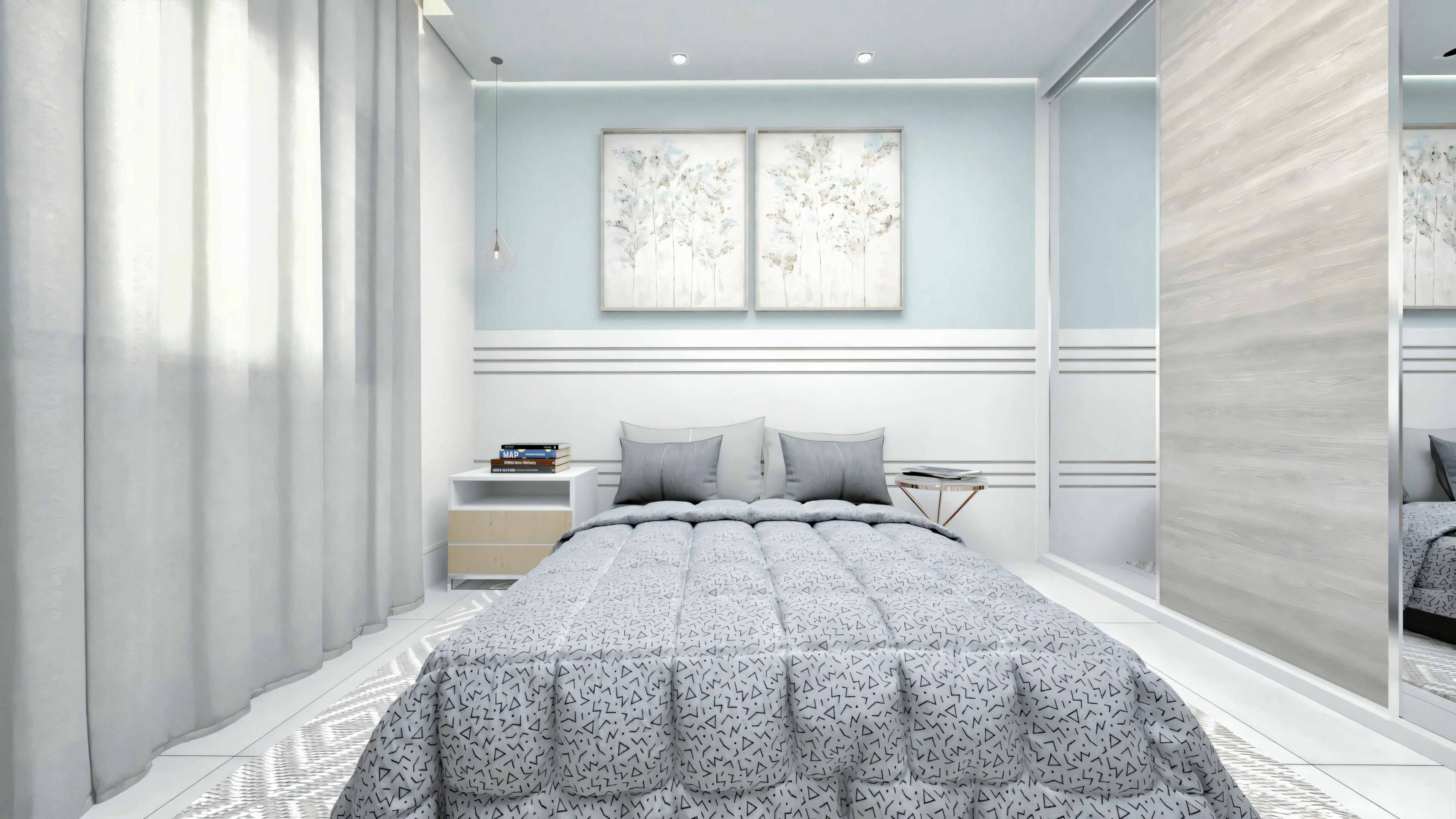 A modern bedroom with a made bed, pillows, and a textured bedspread, with curtains on the window and light-colored walls with panel details.