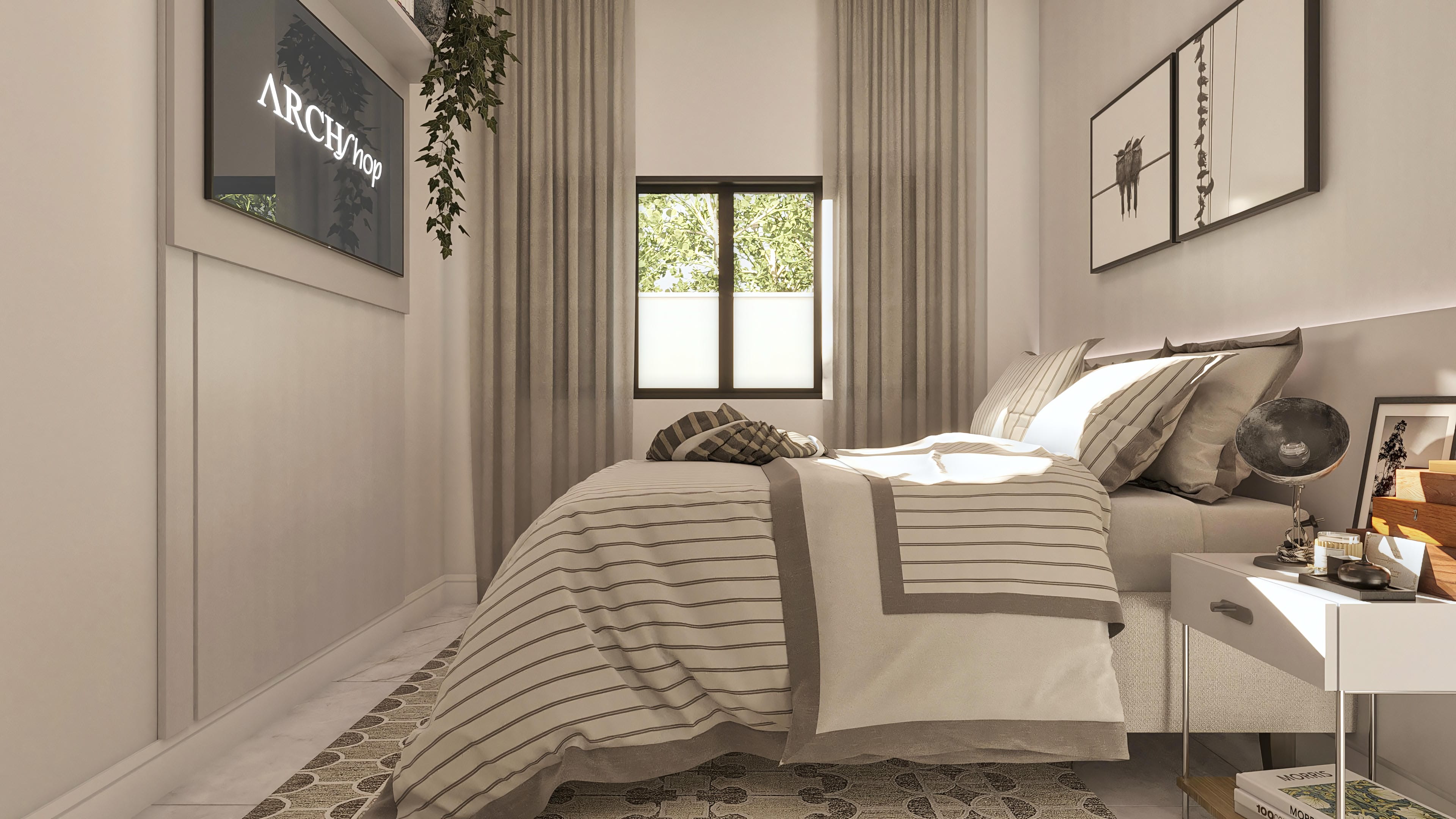 Double bedroom environment with a modern design, featuring a bed with striped sheets, nightstand with lamp, and decorative frames.