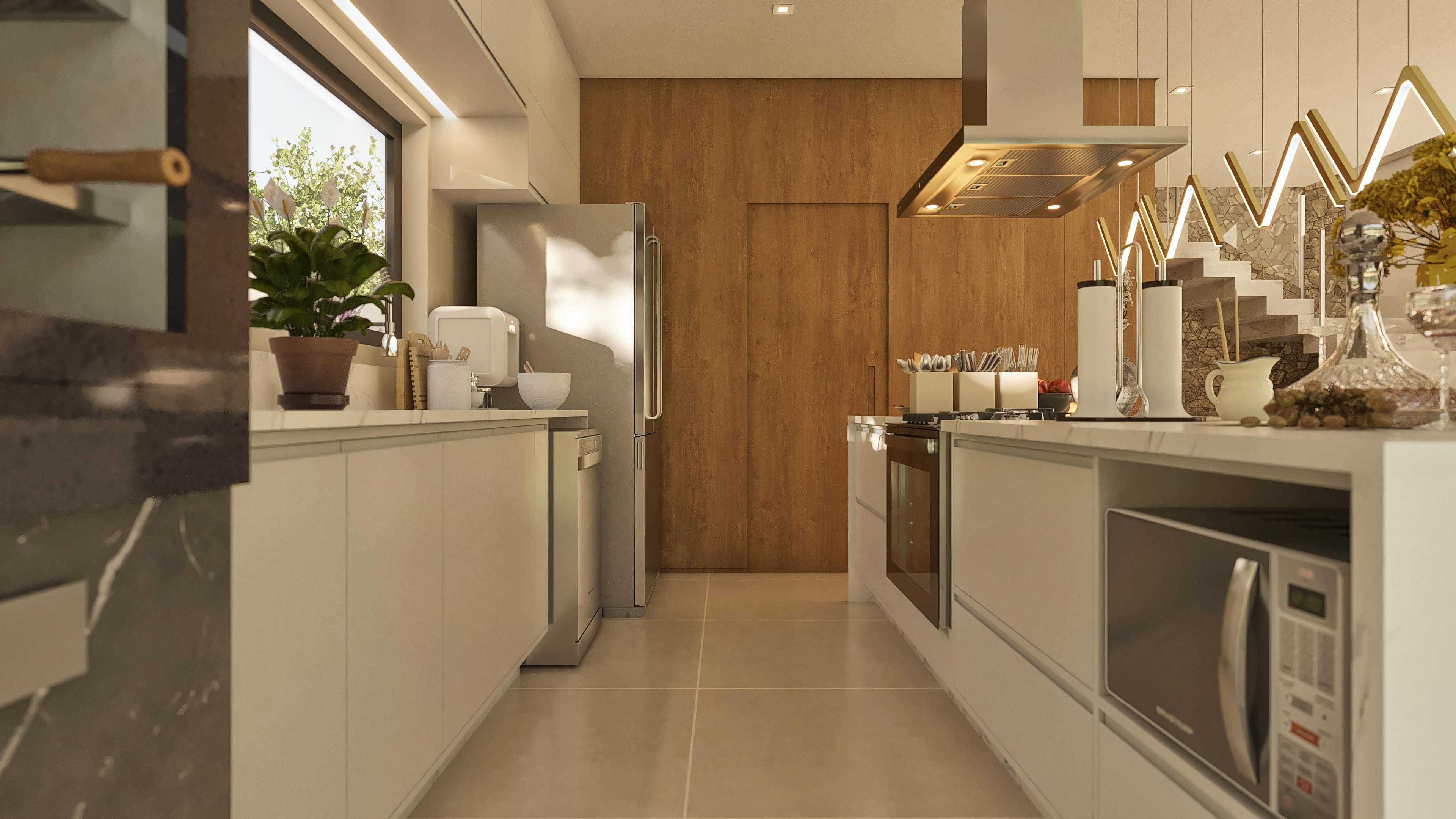 Modern and integrated kitchen with light cabinets, wood details, and marble counter. Includes stainless steel appliances and recessed lighting.