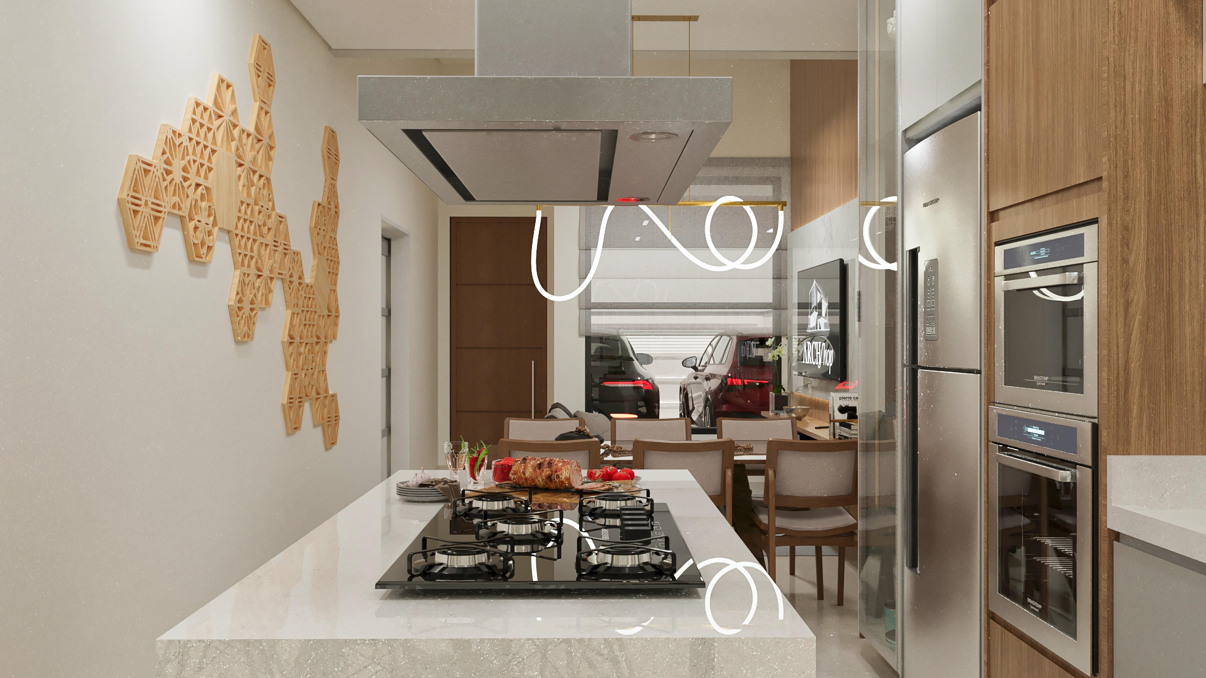 View of the kitchen with a central island equipped with a built-in stove and a white quartz countertop. Decorative wooden panel with a geometric design on the wall. Custom wooden cabinets and stainless steel details.
