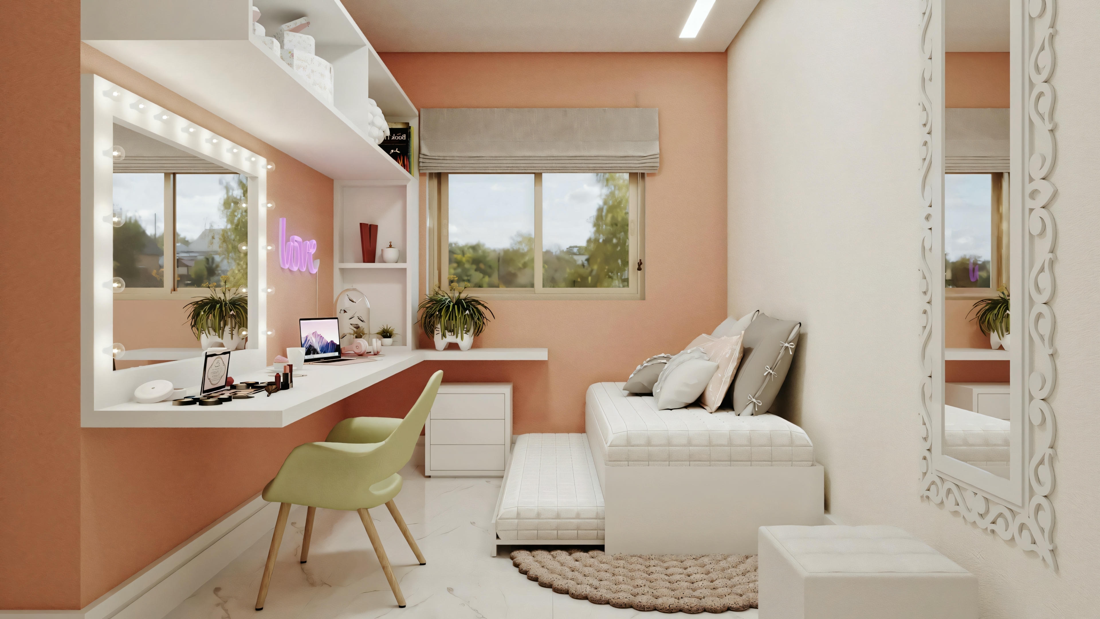 A modern office space with a warm color palette, including pink walls and white furniture. There is a desk with a computer, decorative elements, and furniture.