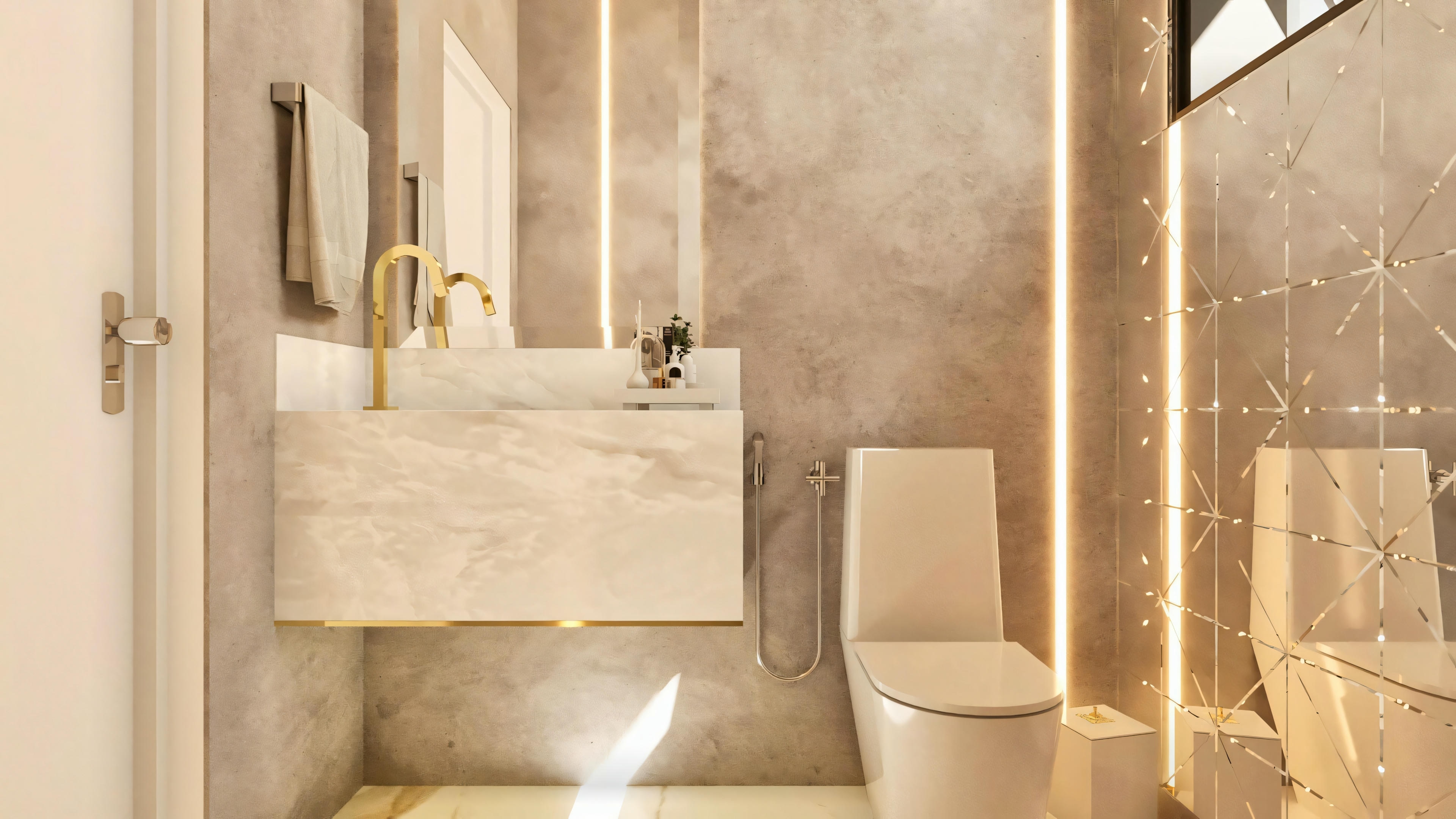 Powder room/bathroom of a modern 3-suite two-story house, with gray textured wallpaper, floating light stone countertop with gold faucet, mirror, vertical LED lighting, and contemporary toilet.