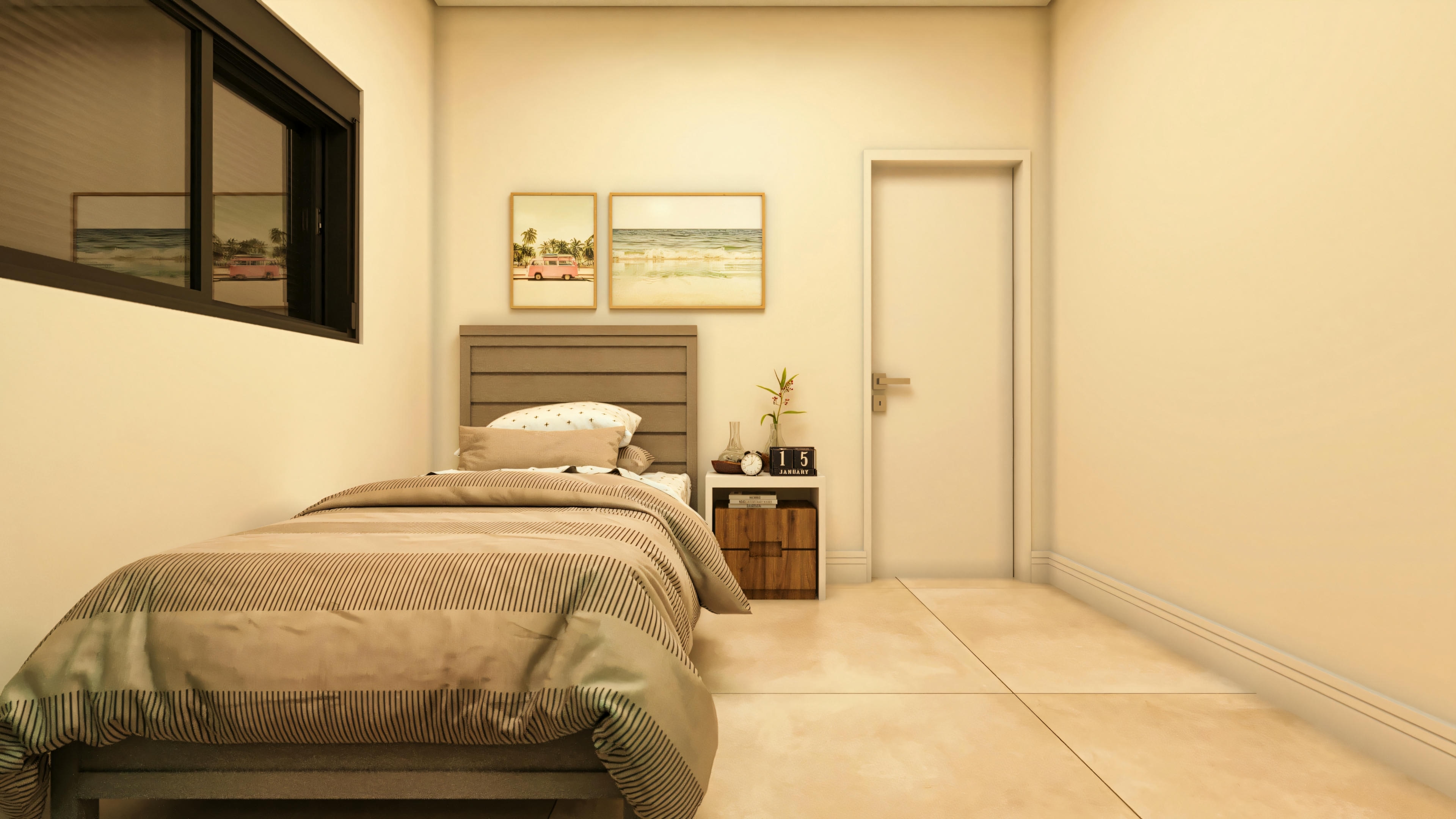 Interior design of a bedroom in a modern two-story house, showing a single bed with a slatted headboard, bedside table, decorative paintings, and window. Part of the 4-bedroom plan.