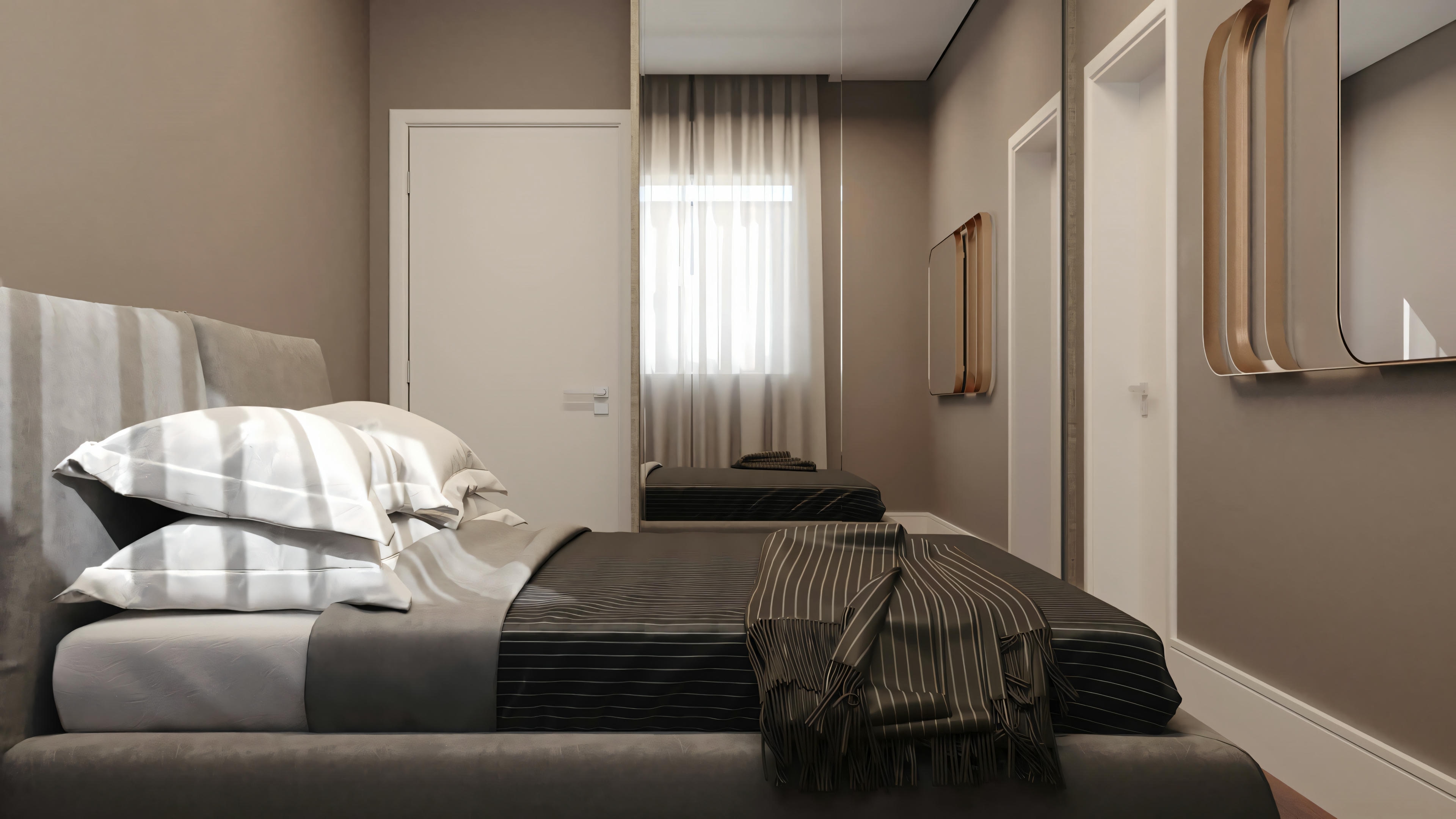 Bedroom with neutral gray palette, large bed with upholstered headboard and textured wall, illuminated by pendants.